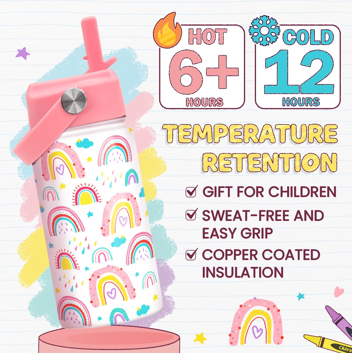 Rainbow Kids Water Bottle With Straw Lid 12oz Insulated Stainless Steel, Travel Tumbler, Gifts For Girls, Birthday, Christmas, B