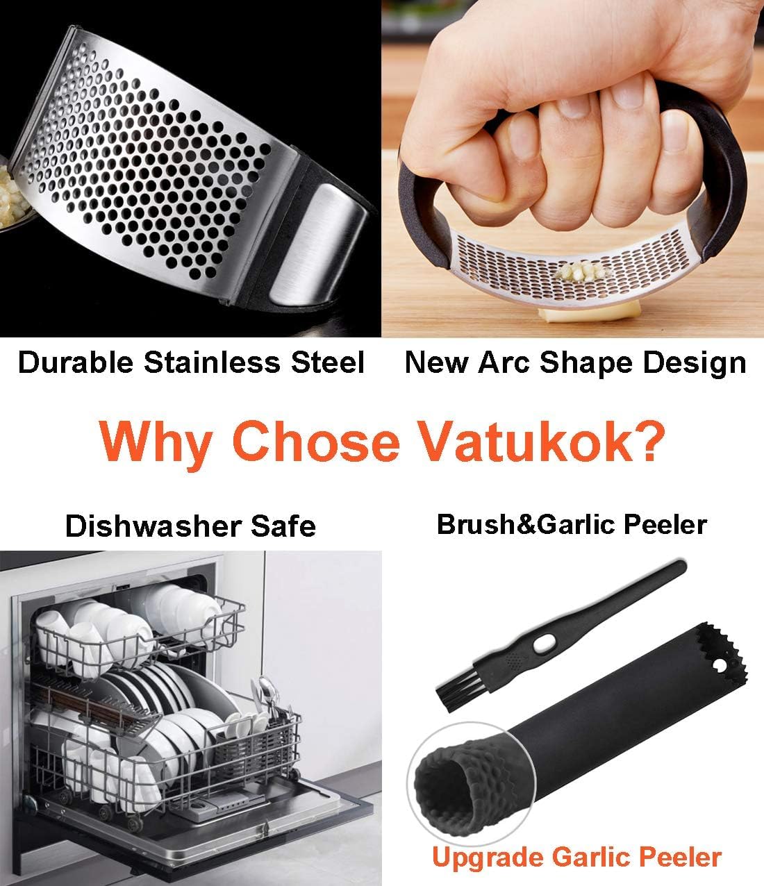 Garlic Press Stainless Steel, Garlic Mincer Garlic Chopper With Peeler& Brush, Cloves Chopper Grinder Slicer Squeezer Roller, Ea
