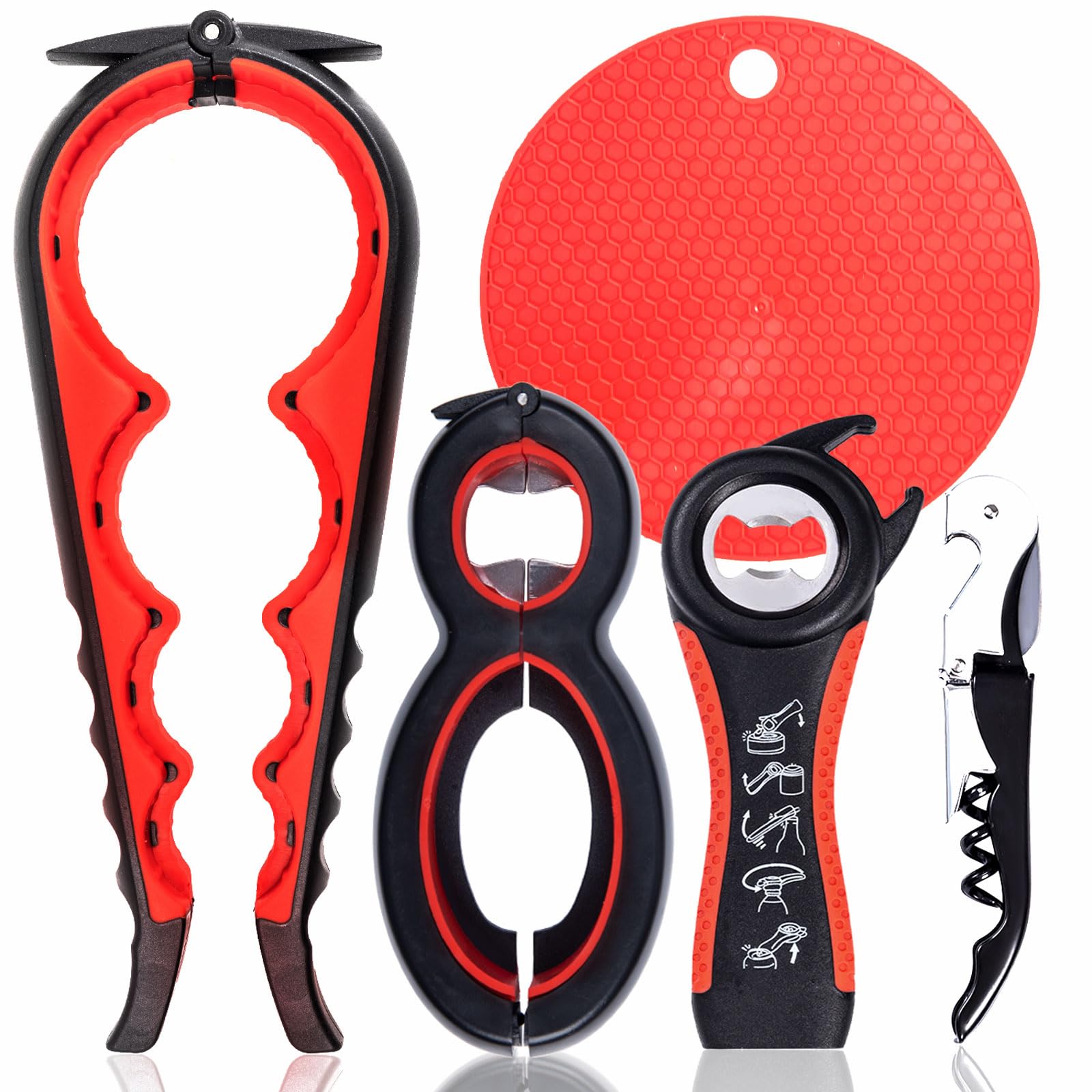 Bottle Can And Jar Grip Opener 5 Pack, Multi Kitchen Tools Set For Weak Hands, Children, Seniors With Arthritis, Lid Opener For