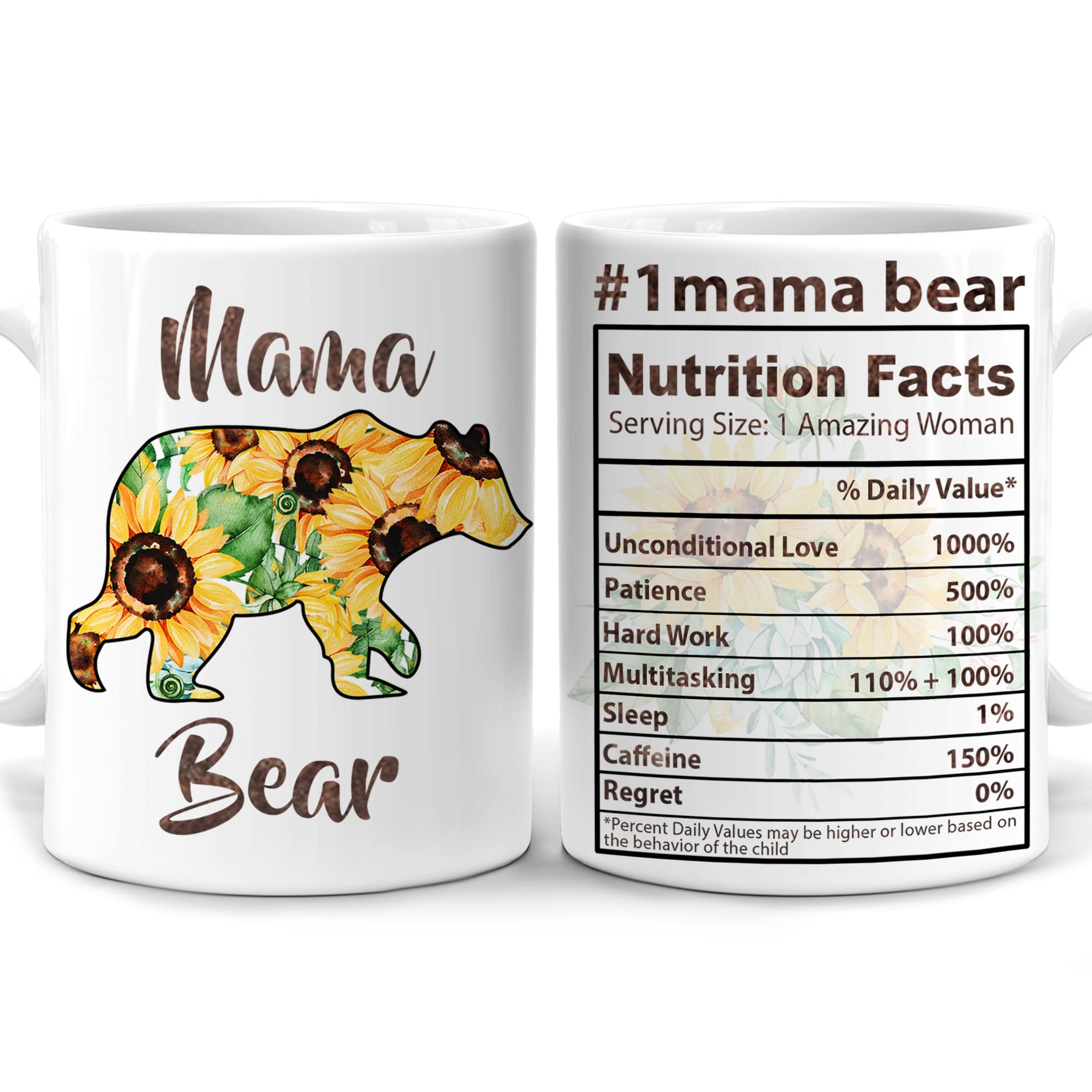 Hyturtle Sunflower Mama Bear Nutrition Facts 11oz White Coffee Mug, Gifts For Women love bear Stepmom From Daughters, Sons On Bi
