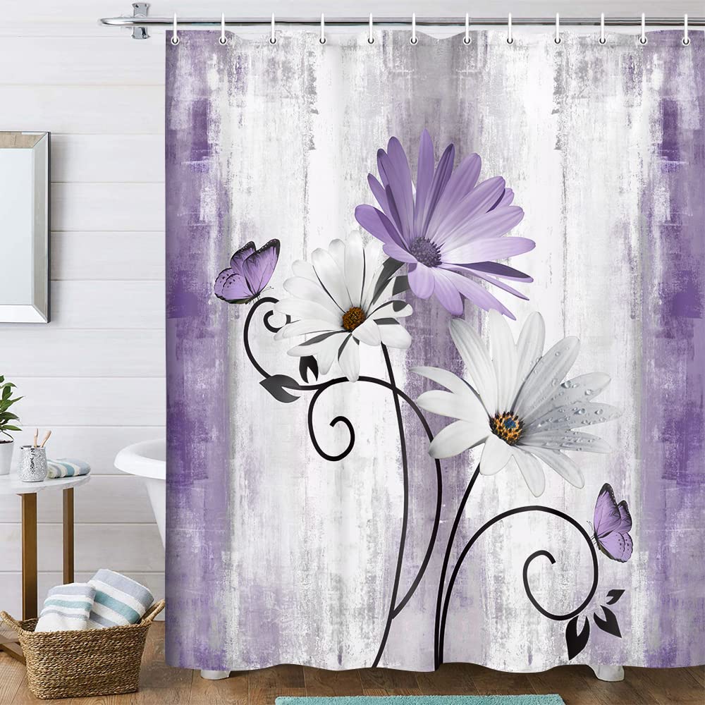 VeiVian Rustic Farmhouse Shower Curtain  Farm Purple Daisy Floral Flowers and Butterfly on Country Wooden Shower Curtain for Bathroom  Violet Grey Bathroom Shower Curtains with 12PCS Hooks  70X70IN