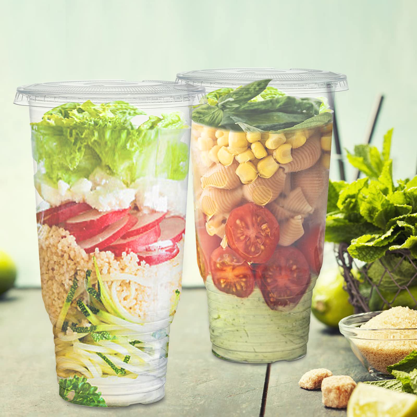 Topzea 50 Pack Clear Plastic Cup With Flat Lid For Iced Coffee, 32Oz Pe Plastic Drinking Cup, Large Disposable Parfait Fruit Cup