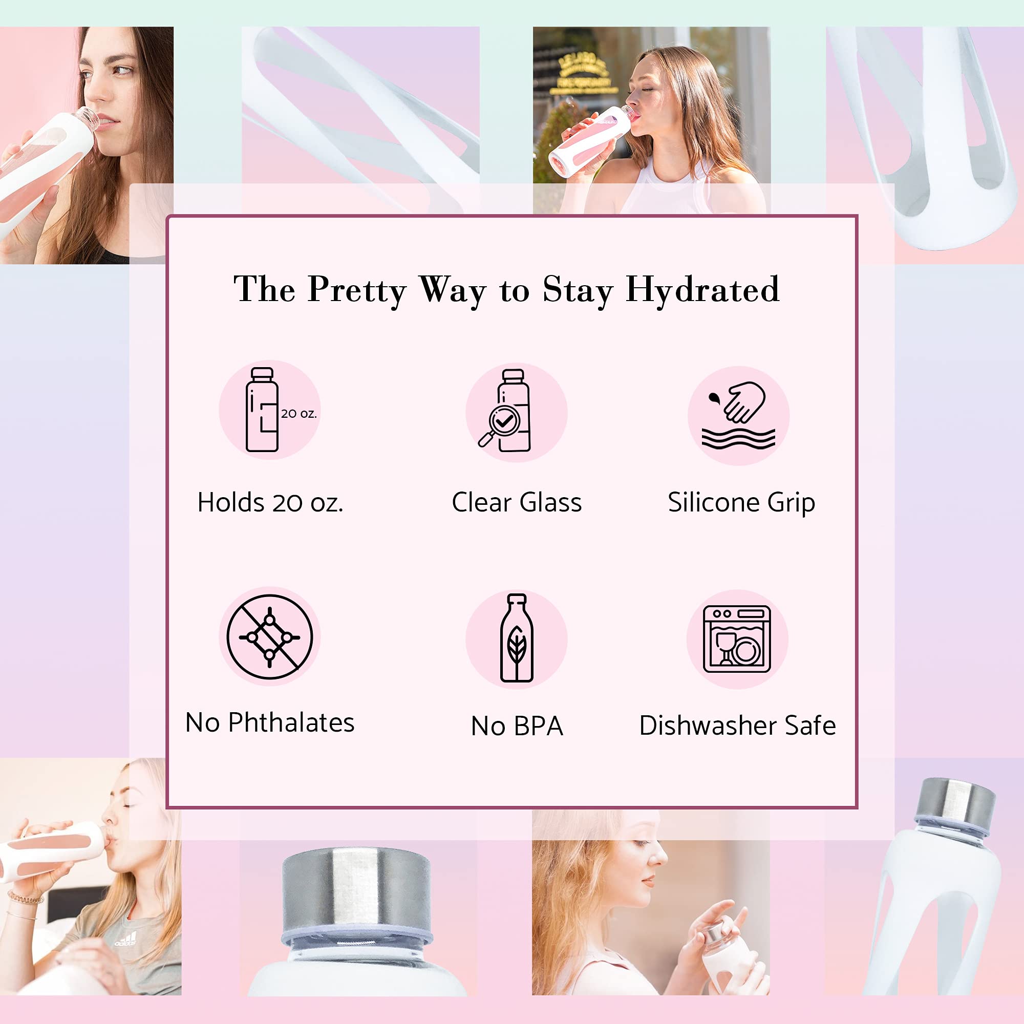 Glotrition Georgie Clear Glass Water Bottle With Silicone Grip, 20 Oz. - Reusable, Refillable, Durable - Modern Aesthetic For Th