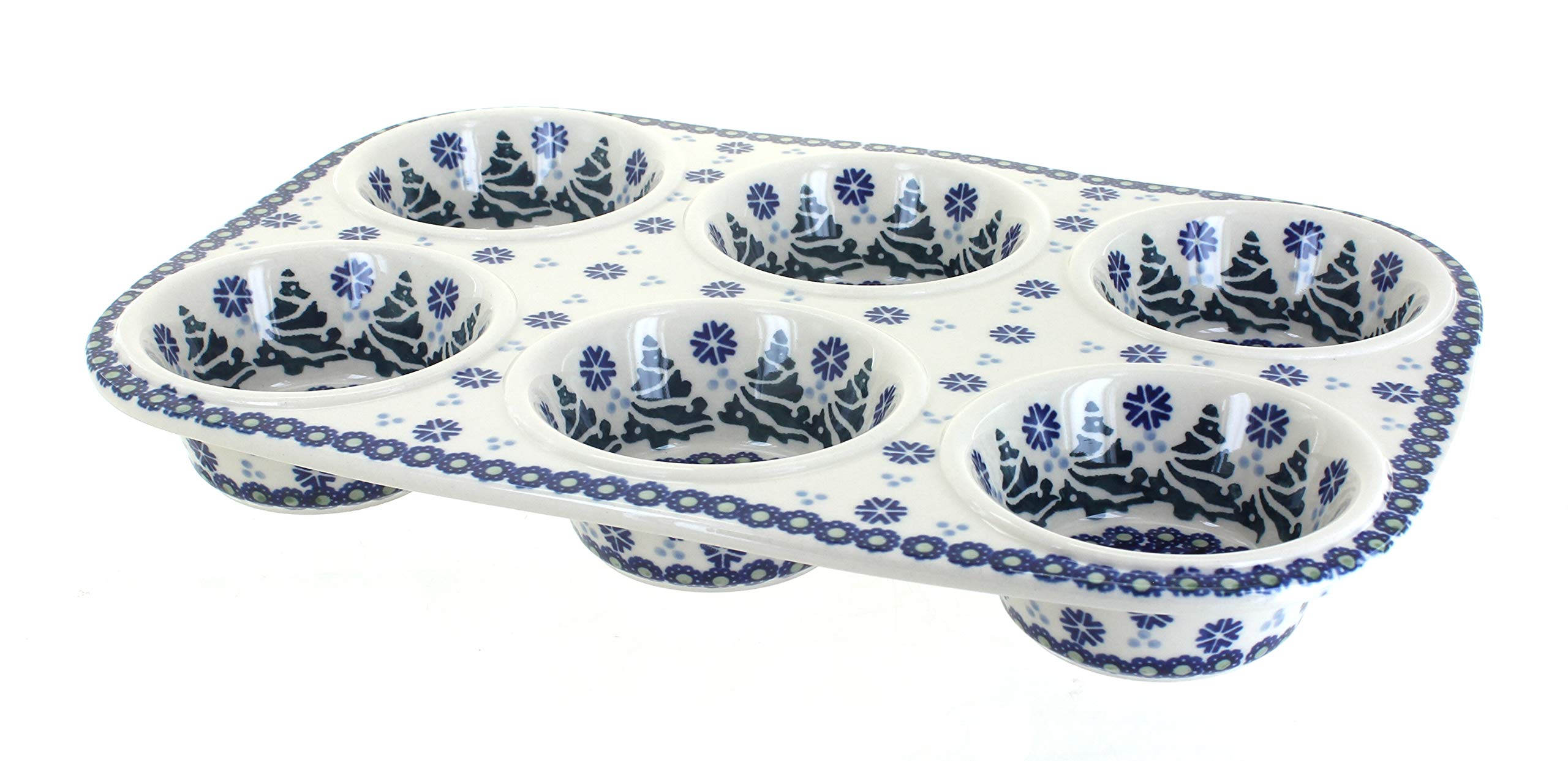 Blue Rose Polish Pottery - Blue Festive Fir Muffin Pan - 12.5 x 8.5 - Ceramic Baking Dish, 6-Cup Muffin & Cupcake Pan