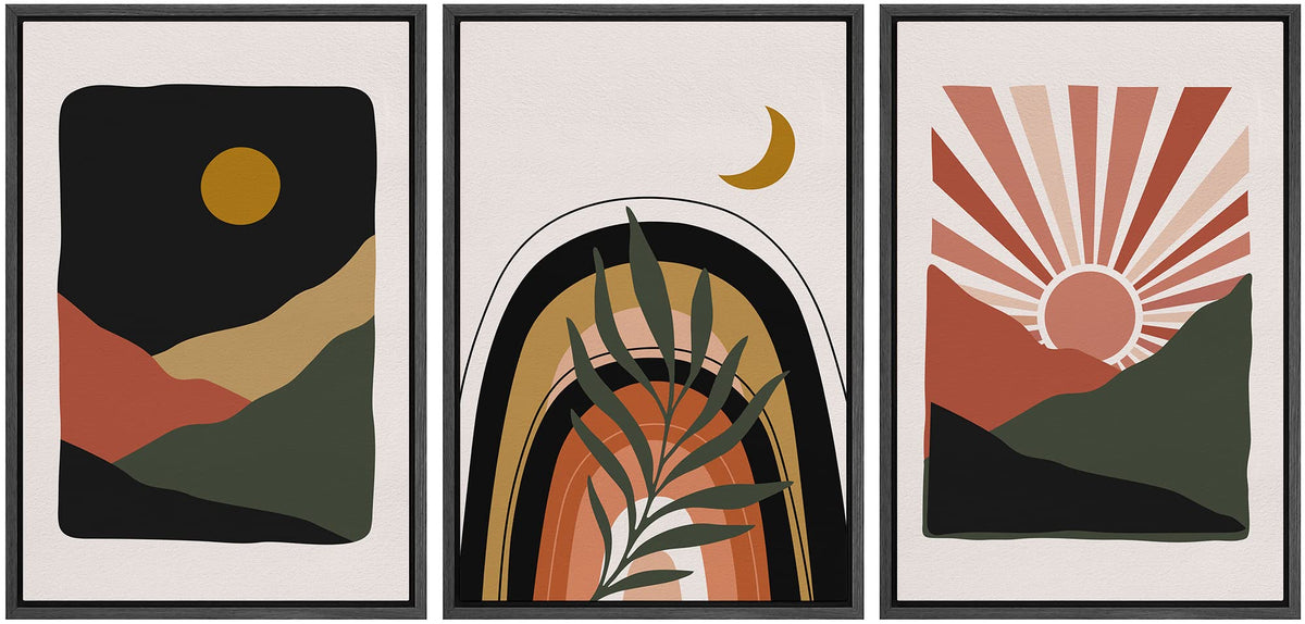 Idea4Wall Framed Canvas Print Wall Art Set Mid-Century Geometric Wild Landscapes Abstract Shapes Illustration Modern Art Decorat