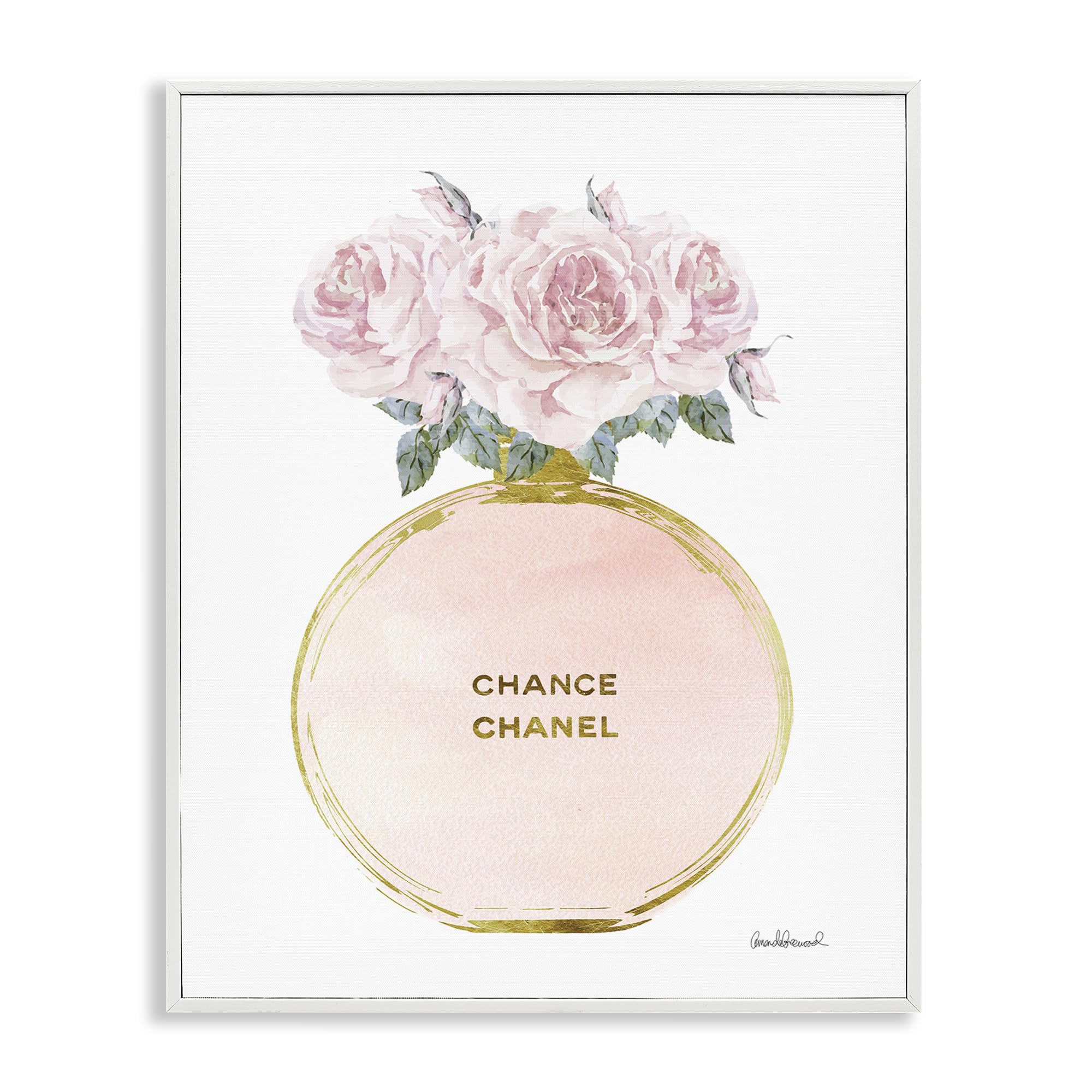 Stupell Industries Pink and Gold Round Perfume Bottle with Roses, Framed Giclee Art, White, 11 x 14 Inches, Easy to Hang and S