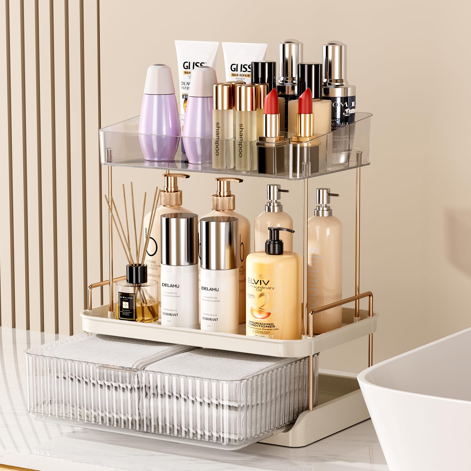 Delamu Bathroom Counter Organizer, 2 Tier Large Drawer Skincare Organizer With Compartment, Multi-Purpose Makeup Organizer Count