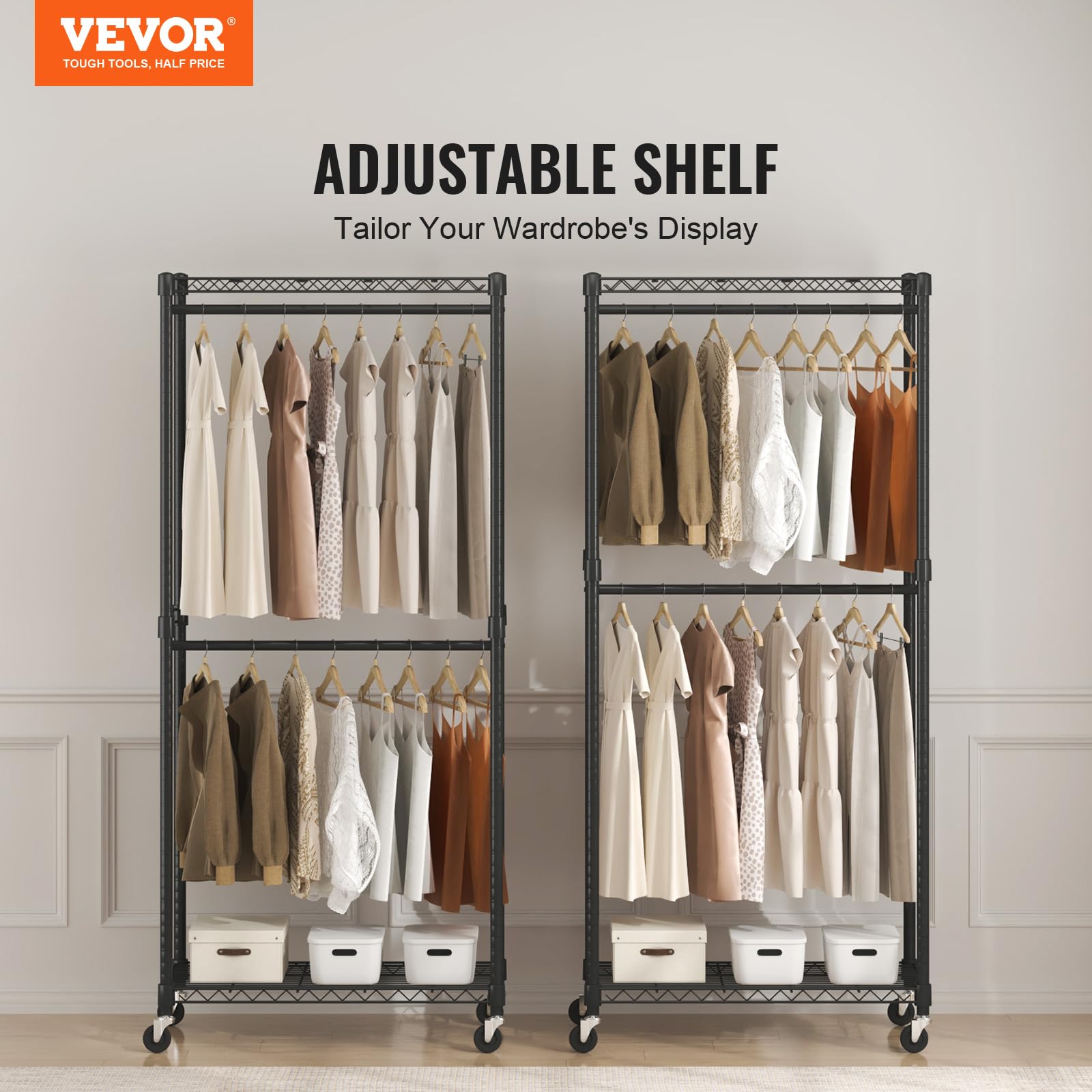 Vevor Heavy Duty Clothes Rack, Double Hanging Rods Clothing Garment Rack With Bottom And Top Storage Tier, Rolling Clothing Rack