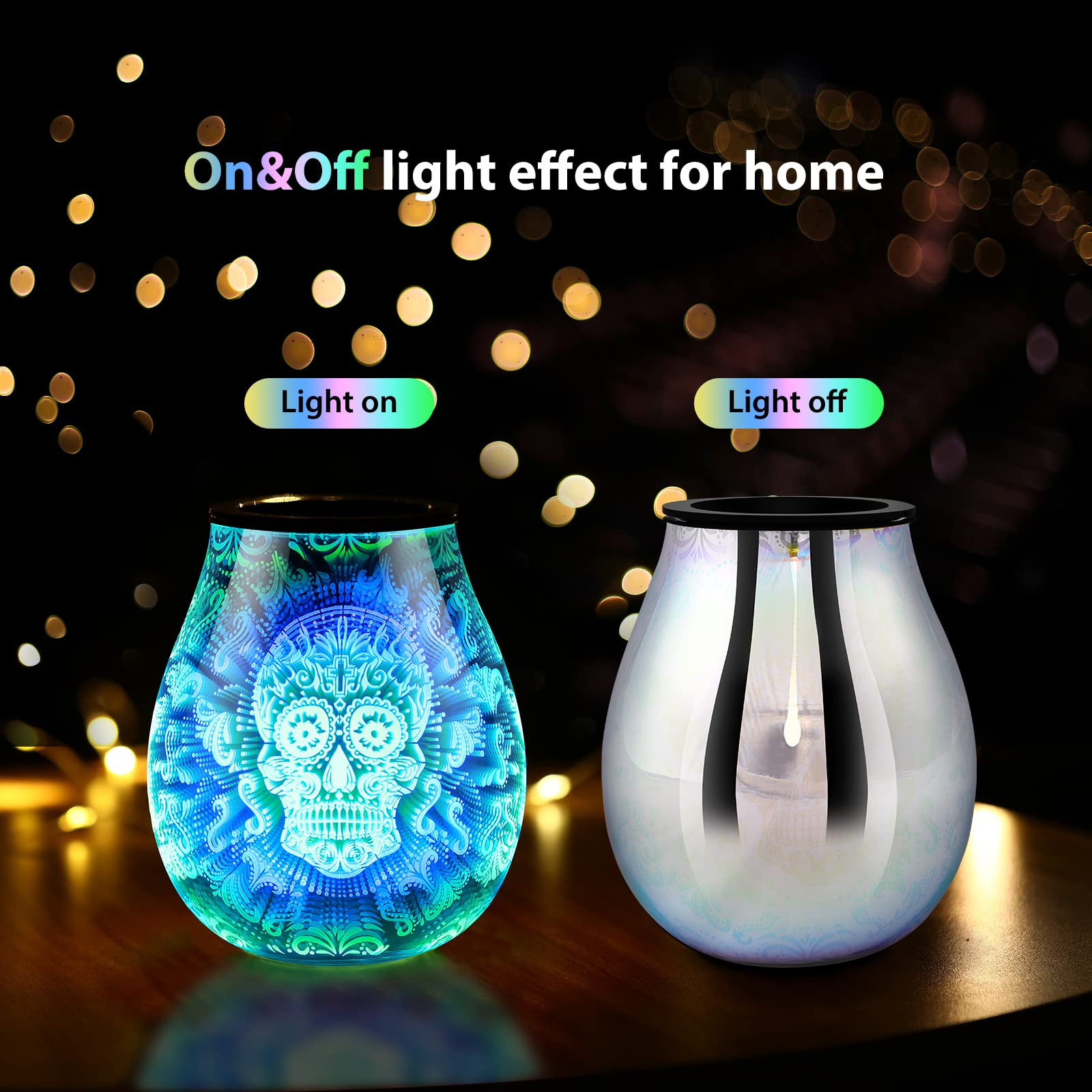 inrorans Skull Halloween 3D Glass Electric Wax Melt Warmer Oil Burner with 7 Colour Cycle Changing LED Light PTC Heating Removab