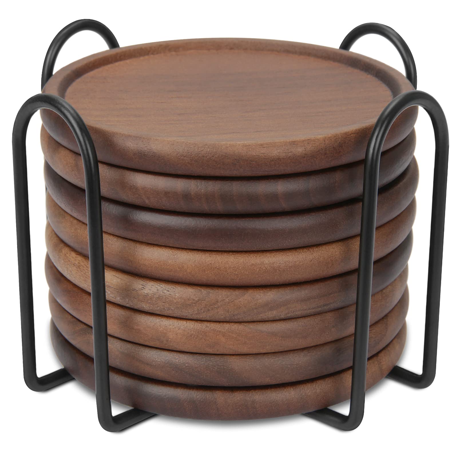 Wood Drink Coasters With Metal Holder, Goh Dodd 4 Inch 8 Pieces Wooden Coasters Cup Coaster Set For Bar Kitchen Home Apartment,