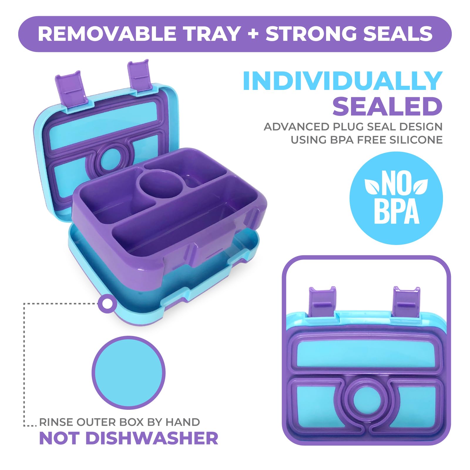 Kinsho Bento Lunch Box For Kids Toddlers, 4 Portion Sections Secure Lid, Microwave Safe Bpa Free Removable Tray, Pre-School Kid