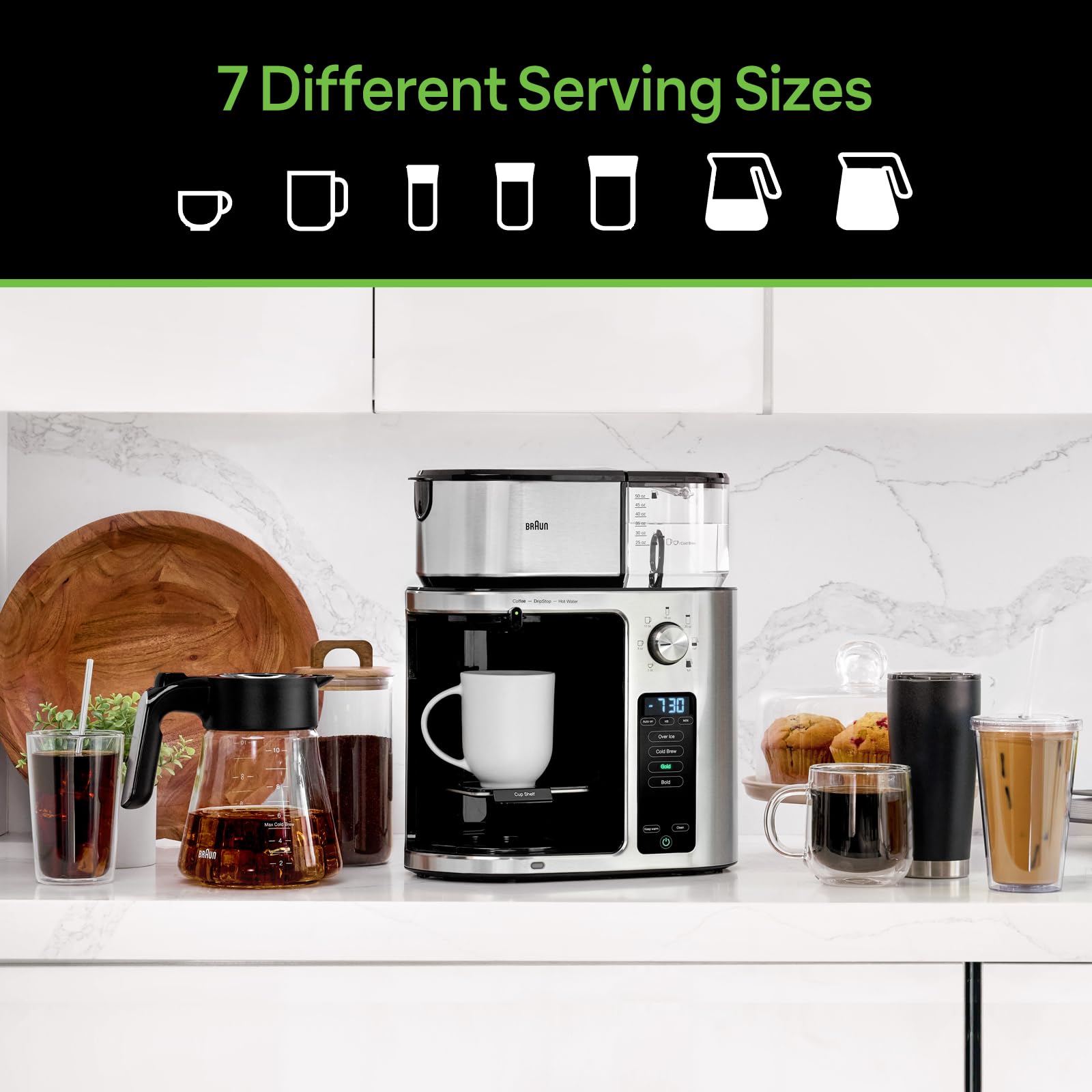 Braun Multiserve Plus 10- Cup Pod Free Drip Coffee Maker, 7 Brew Sizes/Hot & Cold Brew, Stainless Steel Kf9270Si