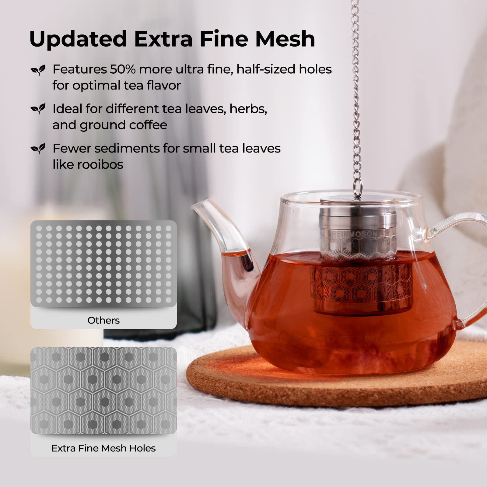 Reinmoson Tea Strainers For Loose Tea, Extra Fine Mesh Tea Infuser, 304 Stainless Steel & Updated Slim Threaded Lid, Loose Leaf