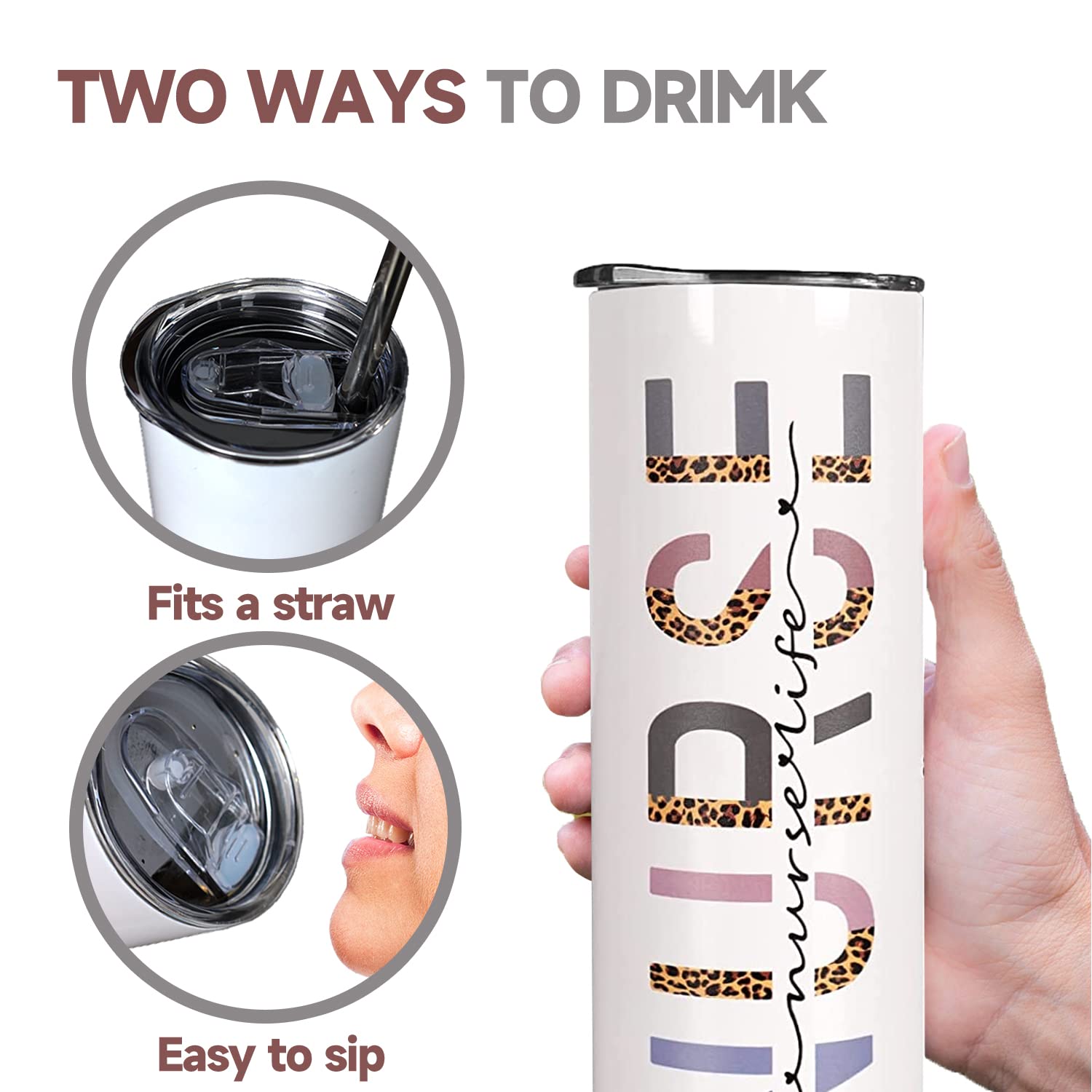 Nurse Tumbler With Lid And Straw,Nurse Life Cup School Leopard Nurse Coffee Mug,Cup,Water Bottle,Skinny Tumbler,Nurse Gifts For