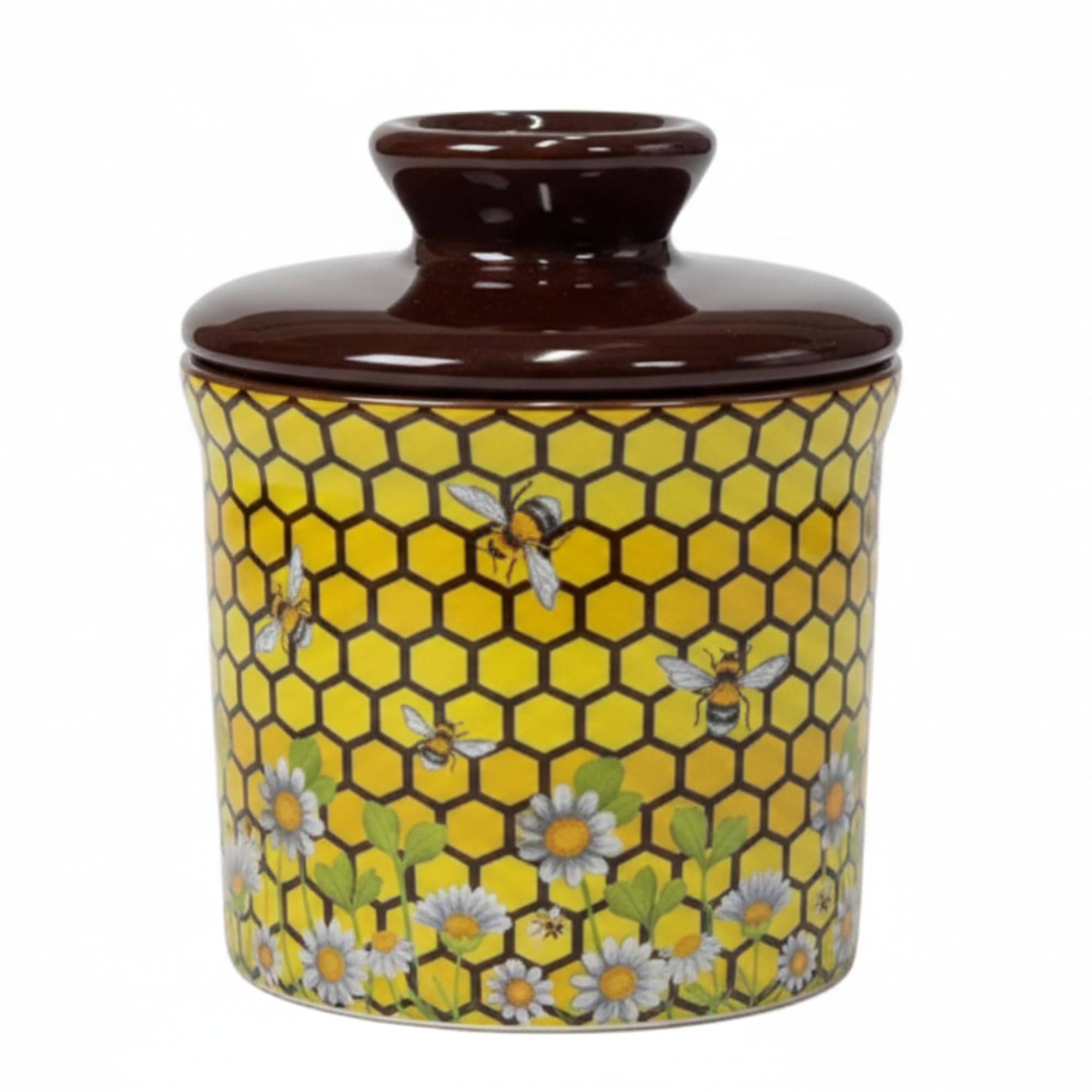 Honey Bee Butter Dish with Lid for Countertop, French Butter Crock with Water Line, Ceramic Butter Keeper Keeps Butter Soft & Sp