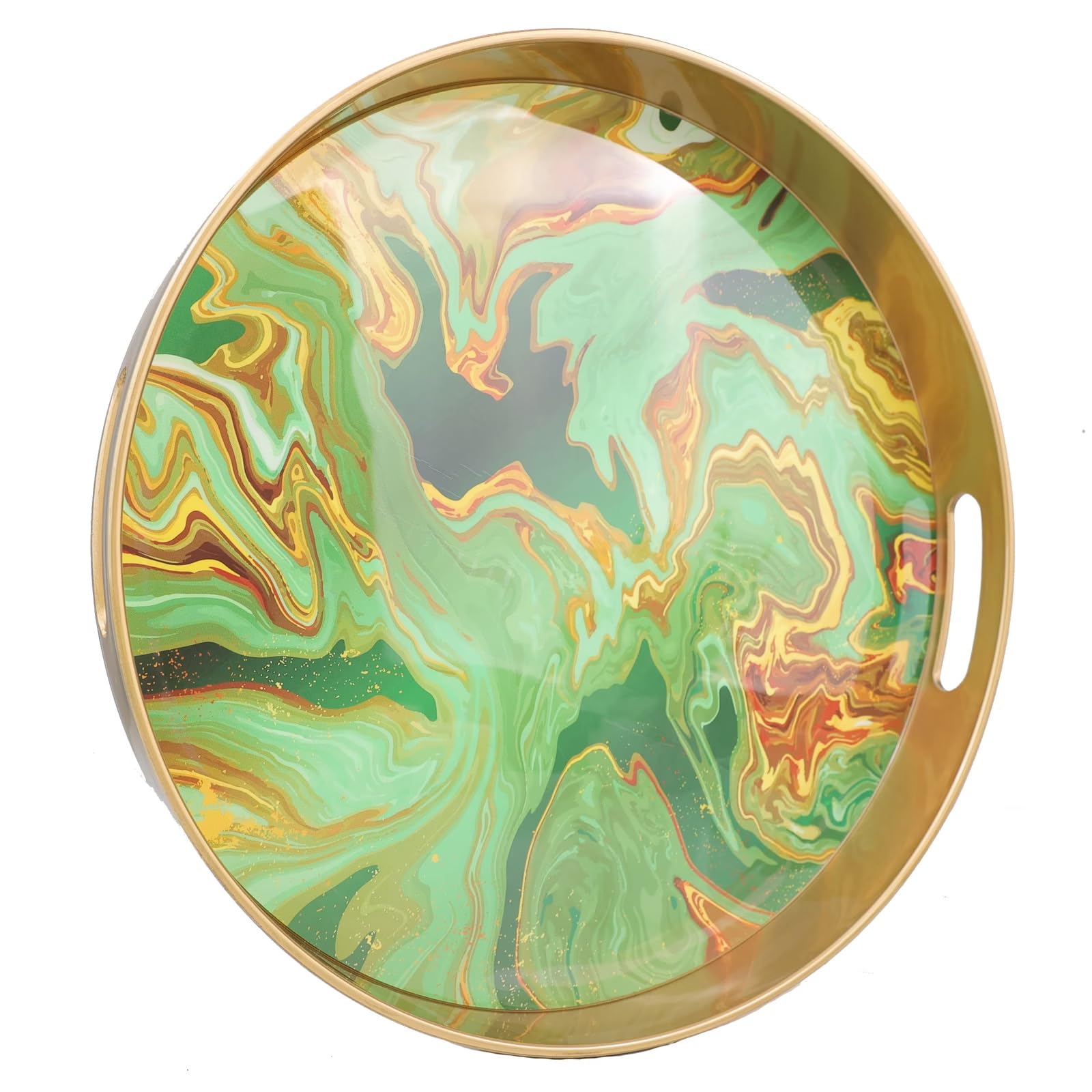 Leemxiiny Round Green Marbling Decorative Tray With Handles, 13 Morden Plastic Serving Tray For Coffee Table Bathroom, Ottoman,