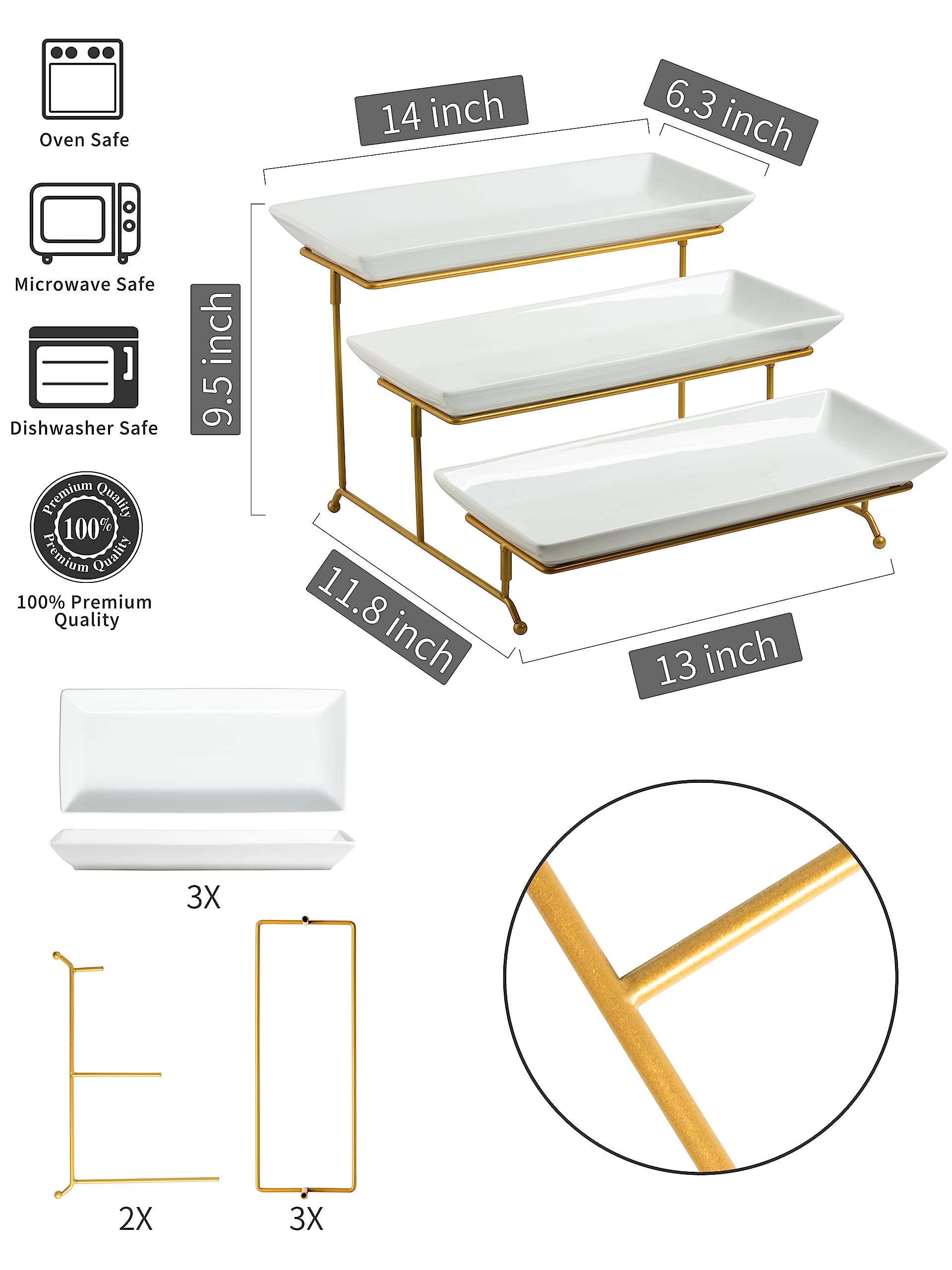 Lauchuh Large 3 Tier Serving Stand Tiered Serving Trays Collapsible Sturdier Rack With 3 Porcelain Serving Platters For Fruit De