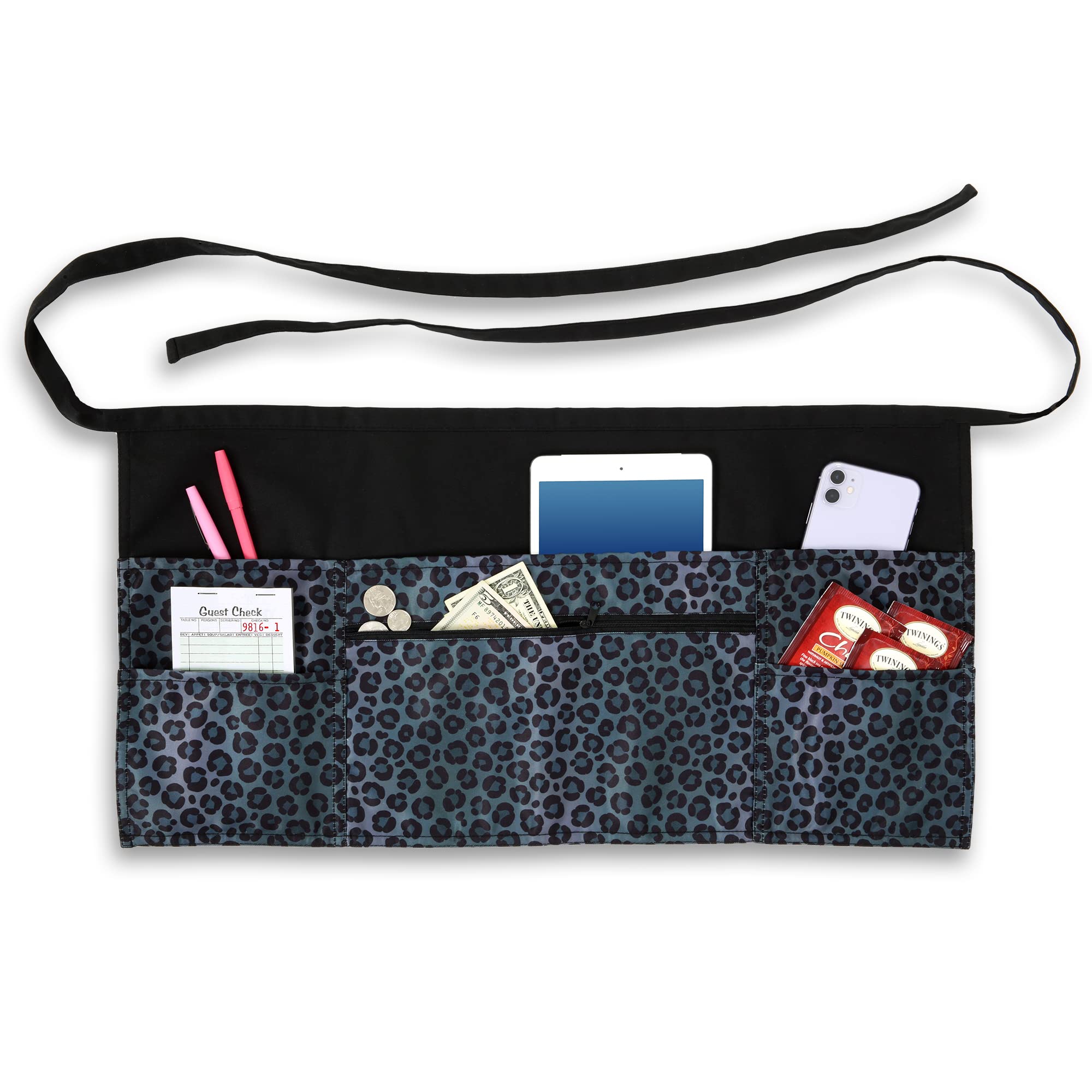 Plum Hill Black Leopard Waitress Apron With Pockets, Short Serving Apron With Zipper, Teacher Apron, Server Aprons For Waitress