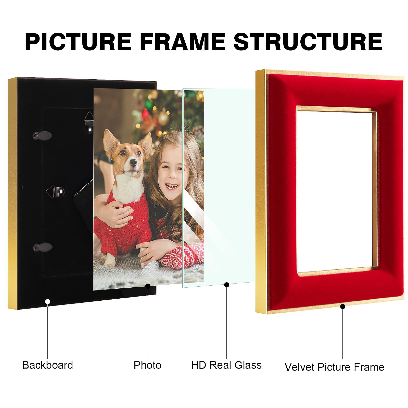 KSROECUD 4x6 Velvet Picture Frame, Red Photo Frames with Modern Simple Metallic Gold Border, HD Real Glass Horizontal & Vertical