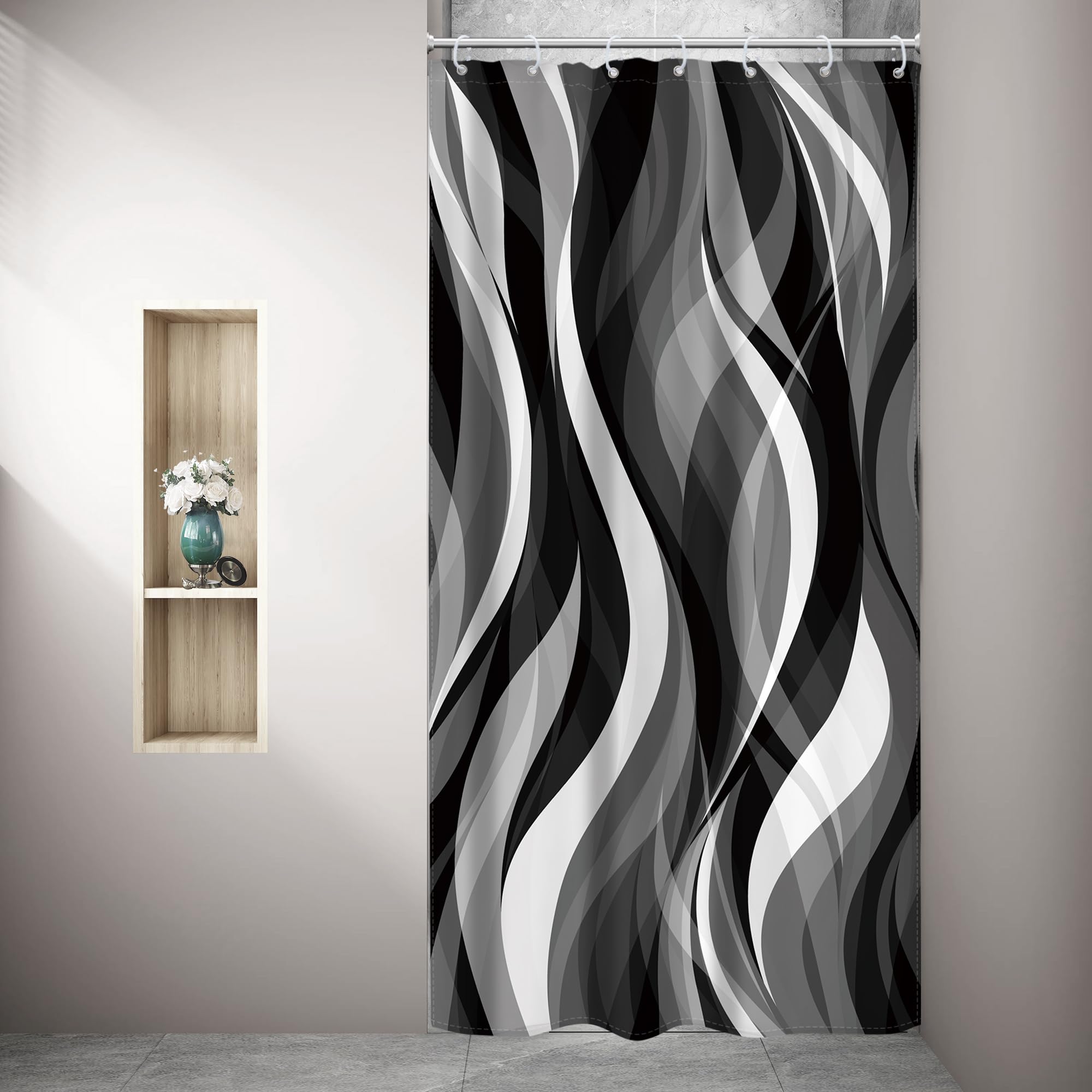 Riyidecor Stall Small Rv Black White Grey Shower Curtain Half Size Narrow Abstract Striped Minimalist Geometric Modern 36Wx72H I