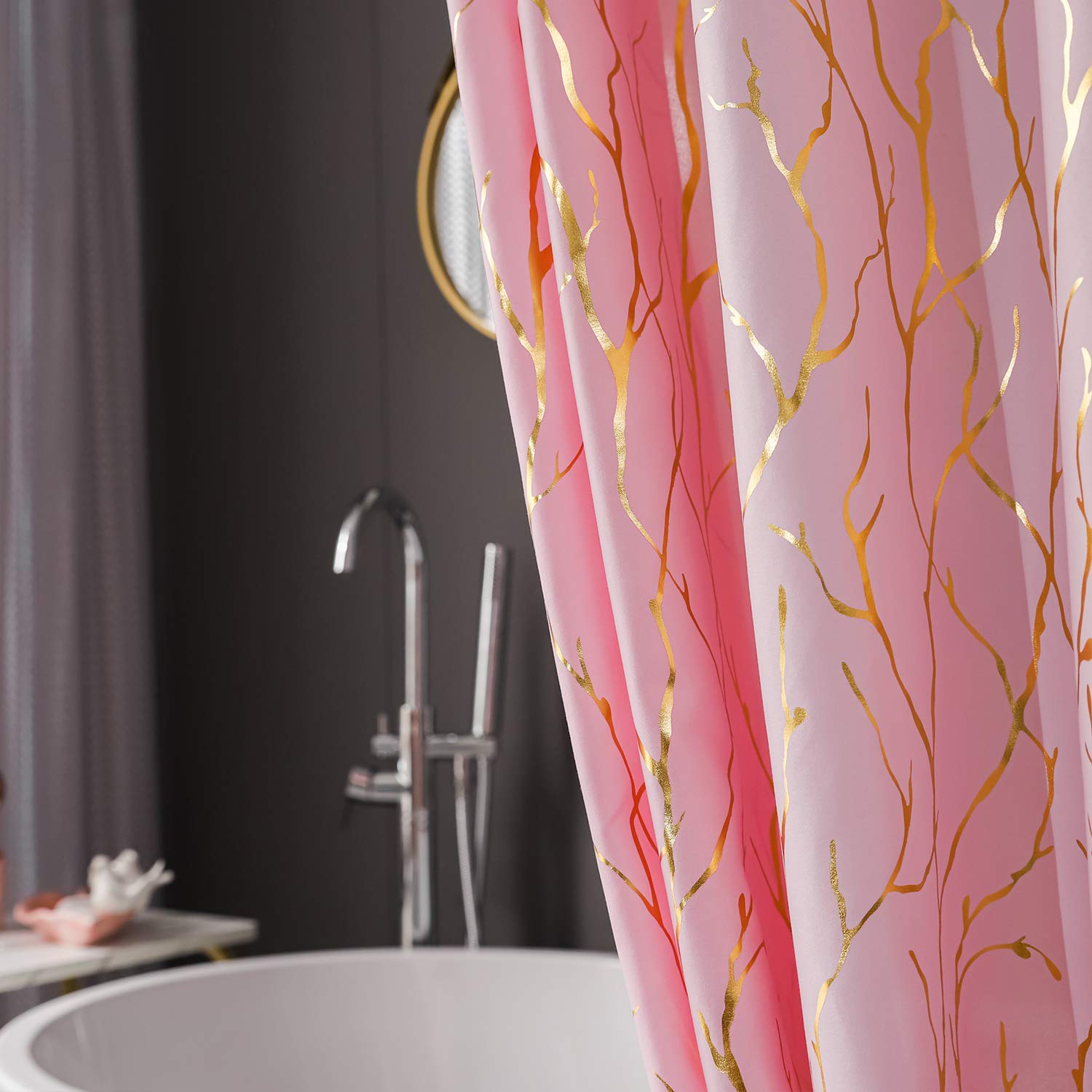 Finecity Tree Fabric Shower Curtain - Metallic Gold Foil Branch Pattern Print Pink Shower Curtain 72 Inch Long, Grommet Shower C