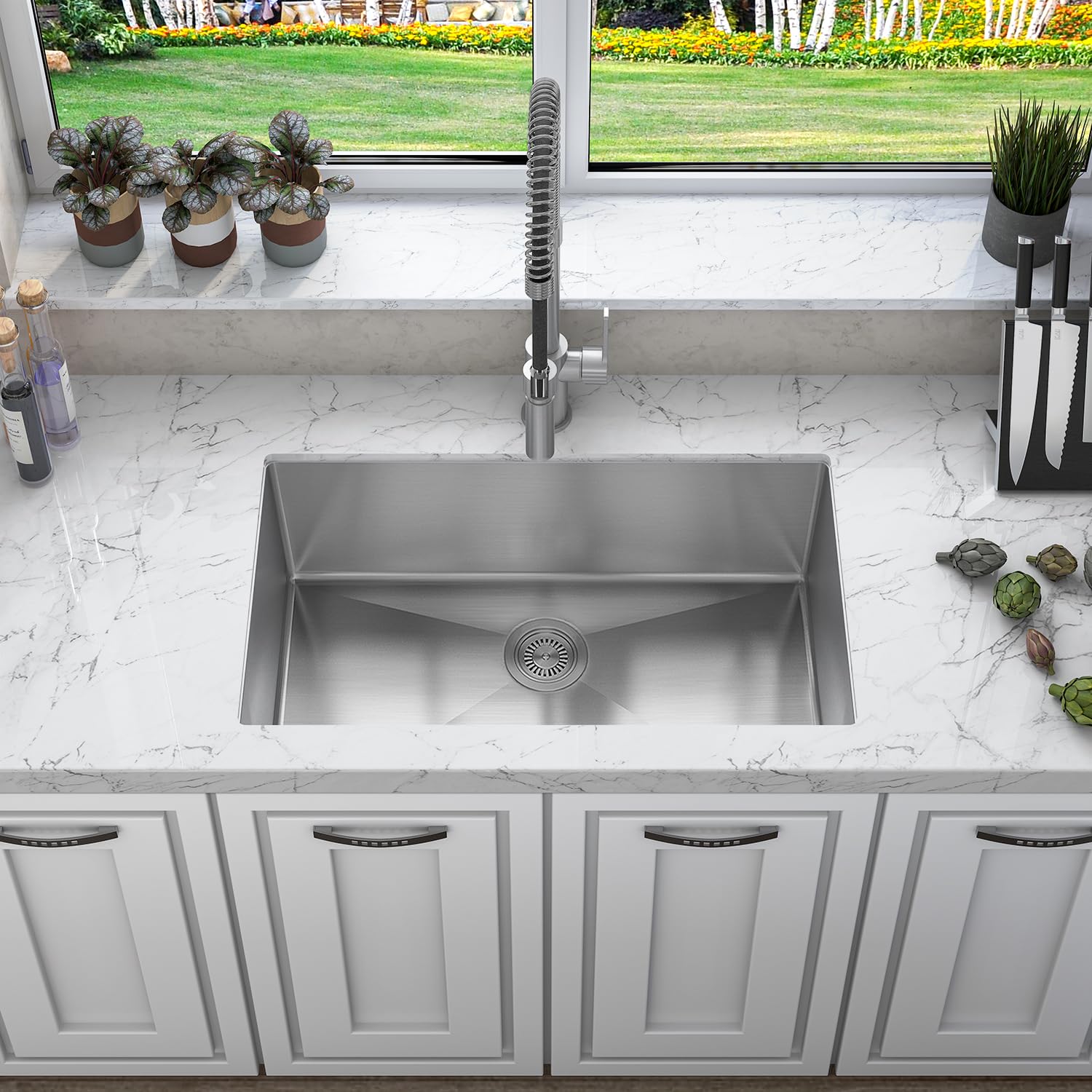 Sinber 30'' X 18'' X 10'' Undermount Single Bowl Kitchen Sink With 18 Gauge 304 Stainless Steel Satin Finish Hu3018S