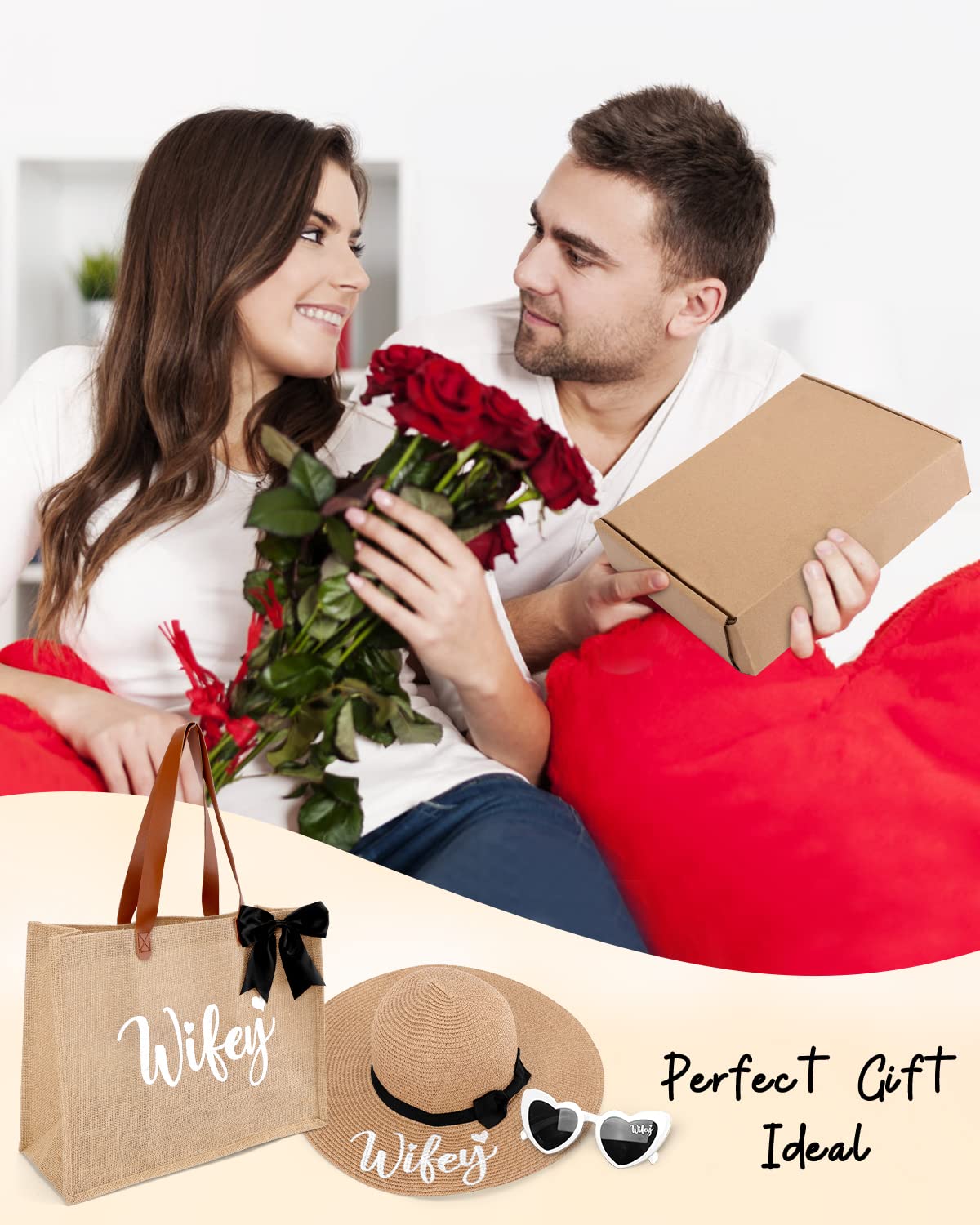 Percozzi Wifey Tote Bag Sun Hat Glasses Set Bride-To-Be Bridal Shower Gift Basket For Future Mrs. Honeymoon Jute Tote Bag Kit Su