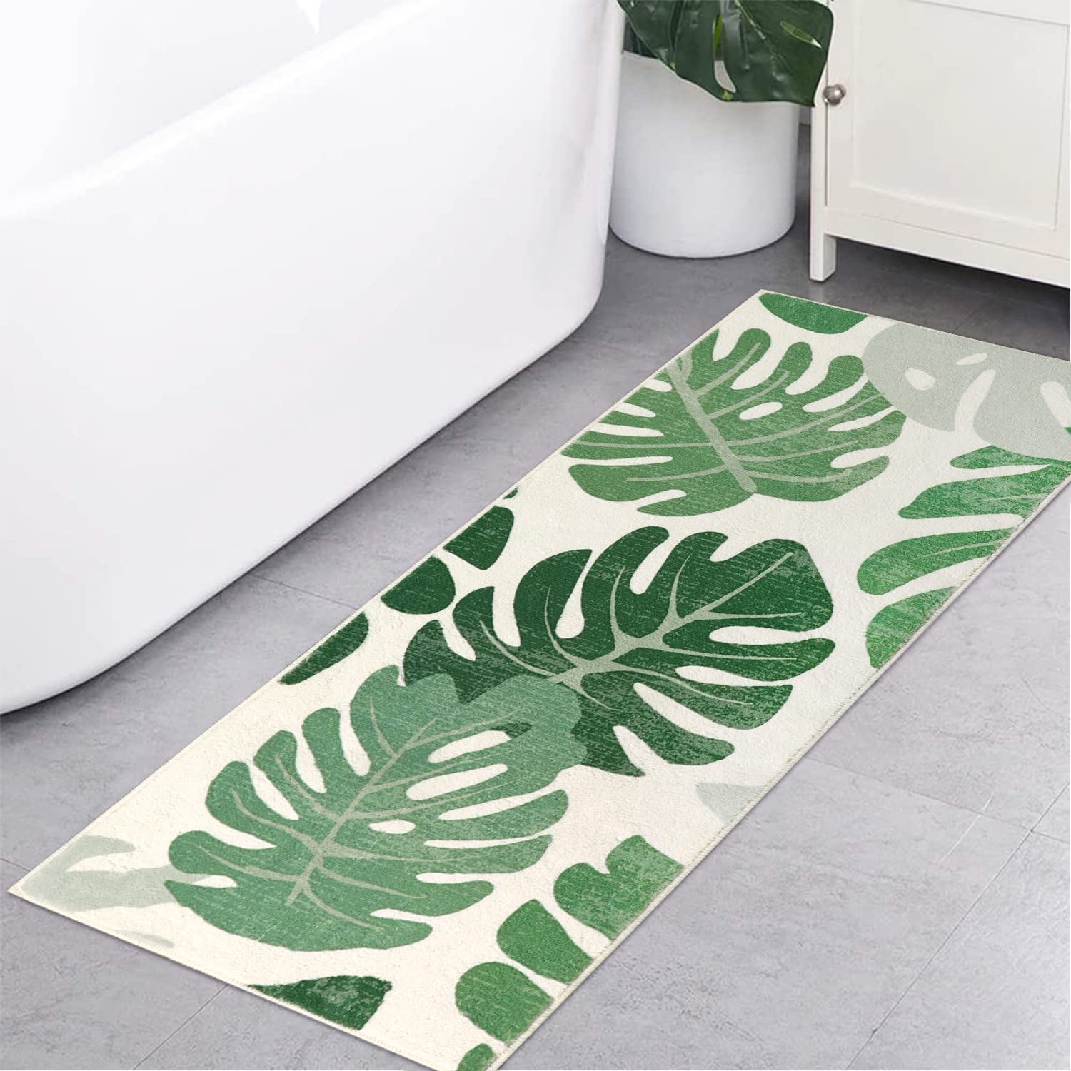 Haocoo Bathroom Runner Rugs 20X59 Inch,Non-Slip Bath Mat For Bathroom Rug Green Leaf Long Bathtub Mat,Soft Velvet Shower Mat Mac