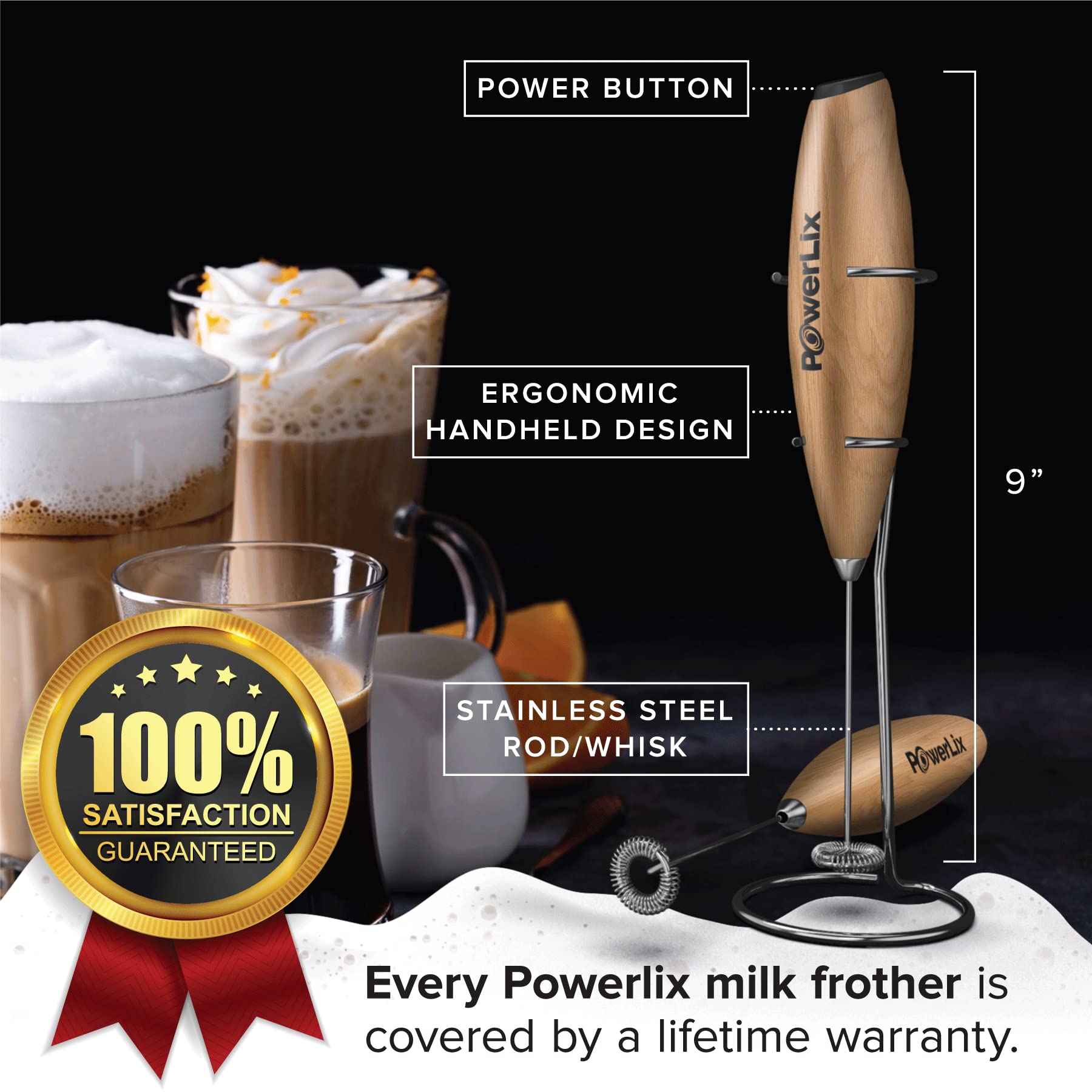 Powerlix Milk Frother Handheld Battery Operated Electric Whisk Foam Maker For Coffee, Latte, Cappuccino, Matcha, Hot Chocolate,