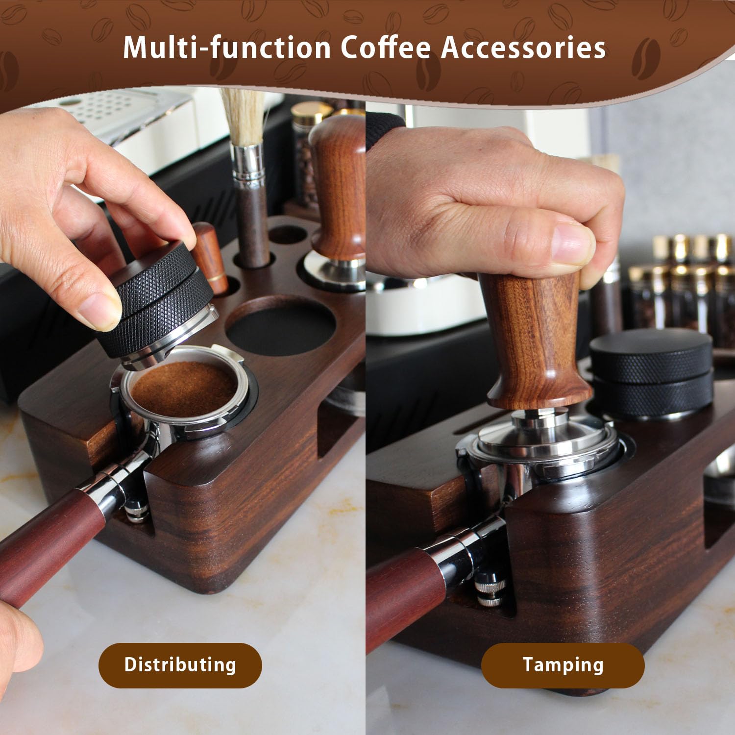 Carfeel Espresso Tamping Station, Walnut Non-slip Tamper Holder, Fits 51-54mm Portafilter, Multifunctional, Durable Design