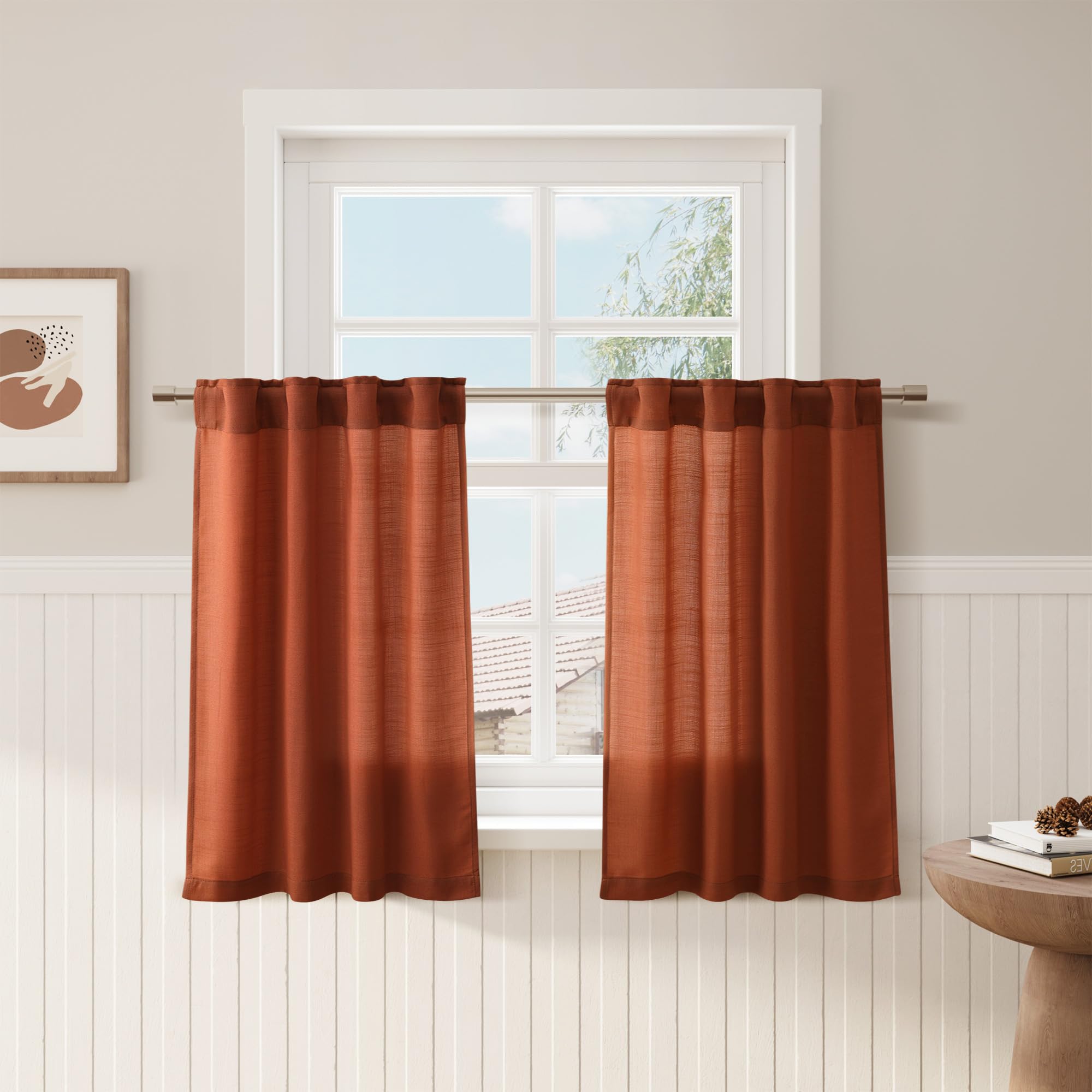 Terracotta Linen Kitchen Curtains 36 Inch Length 2 Pack Light Filtering Semi Industrial Style Transparent Linen Blend Short Drap