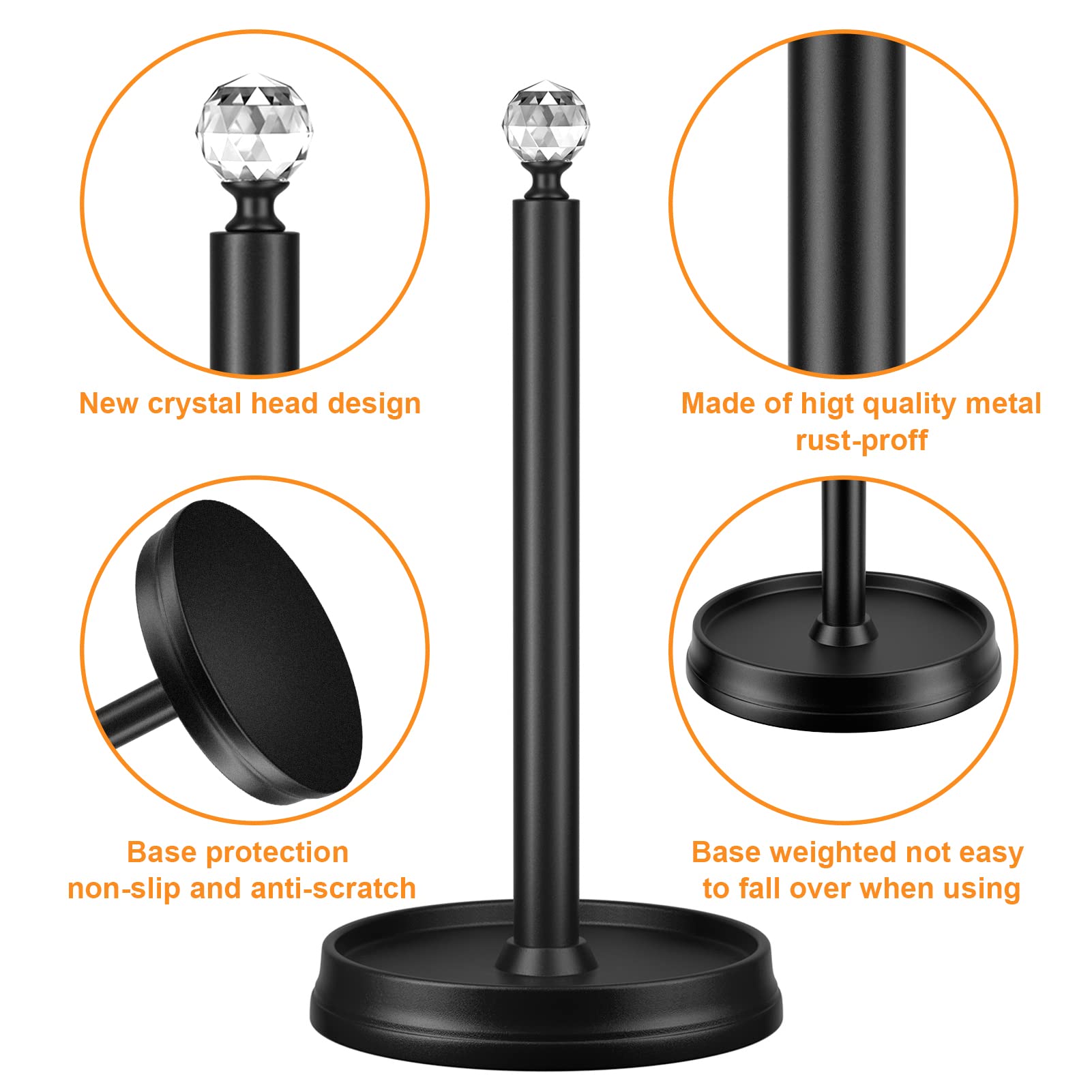 Kasunto Paper Towel Holder (With Crystal Head) Steel Paper Towel Holder Countertop,Black Paper Towel Holder For Kitchen Countert