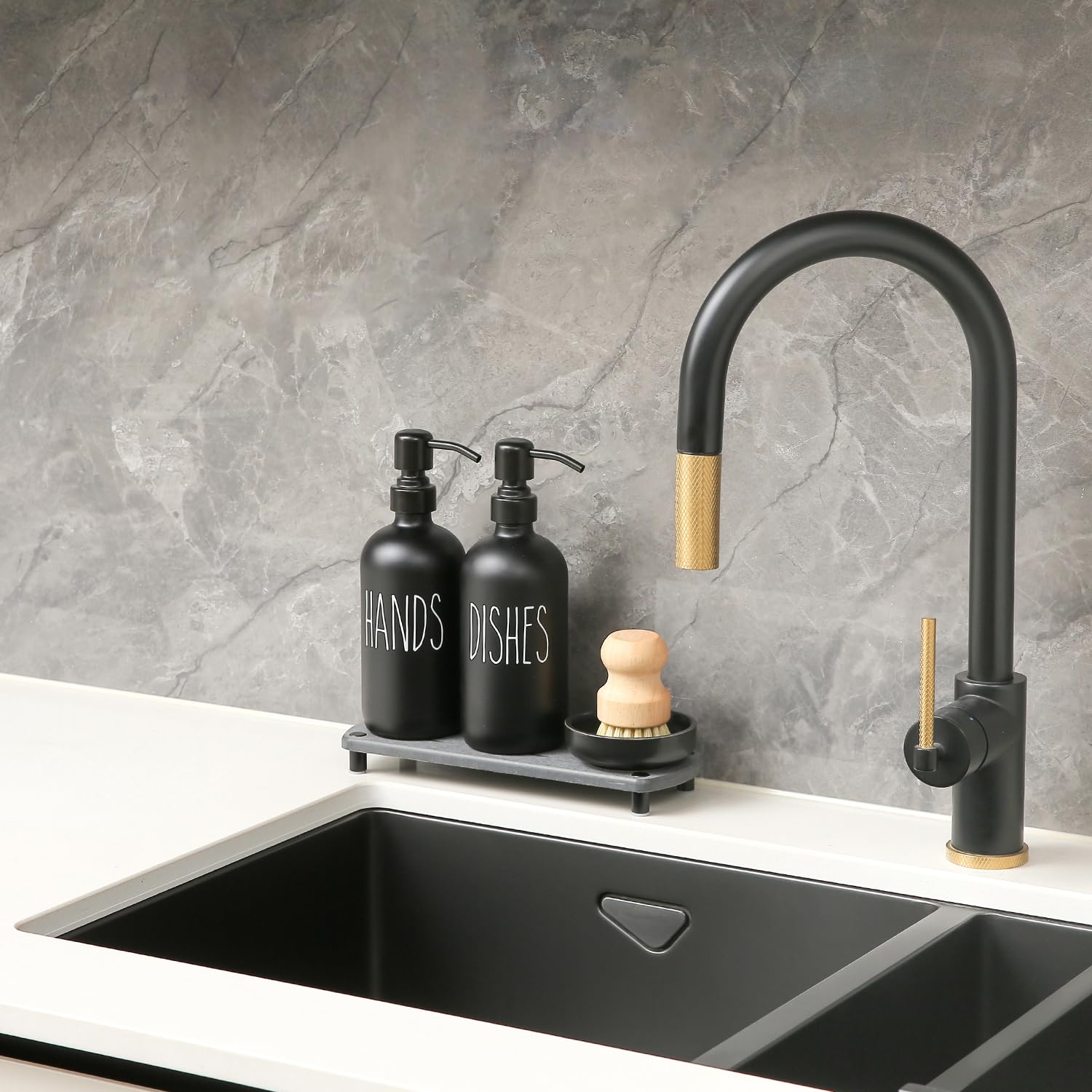 Momeemo Matte Black Soap Dispenser Set Comes With Stainless Steel Pumps, Instant Dry Tray, And Dish Scrub Brush, Suitable For Ma