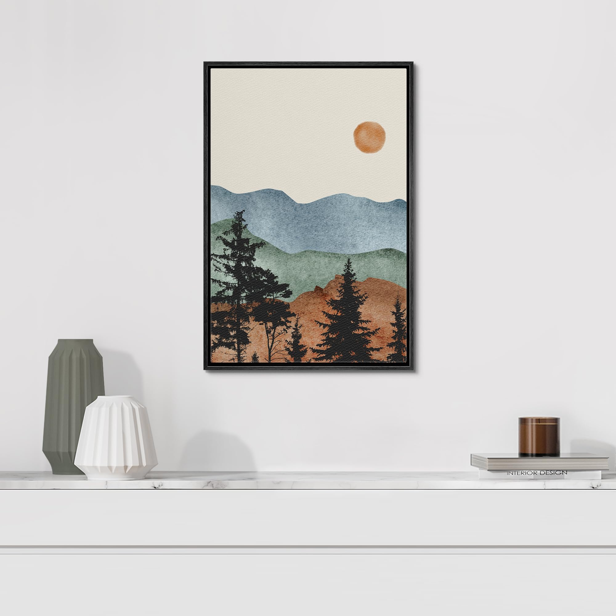 Signford Framed Canvas Print Wall Art Mountain Landscape With Trees And Setting Sun Nature Wilderness Illustrations Modern Art D