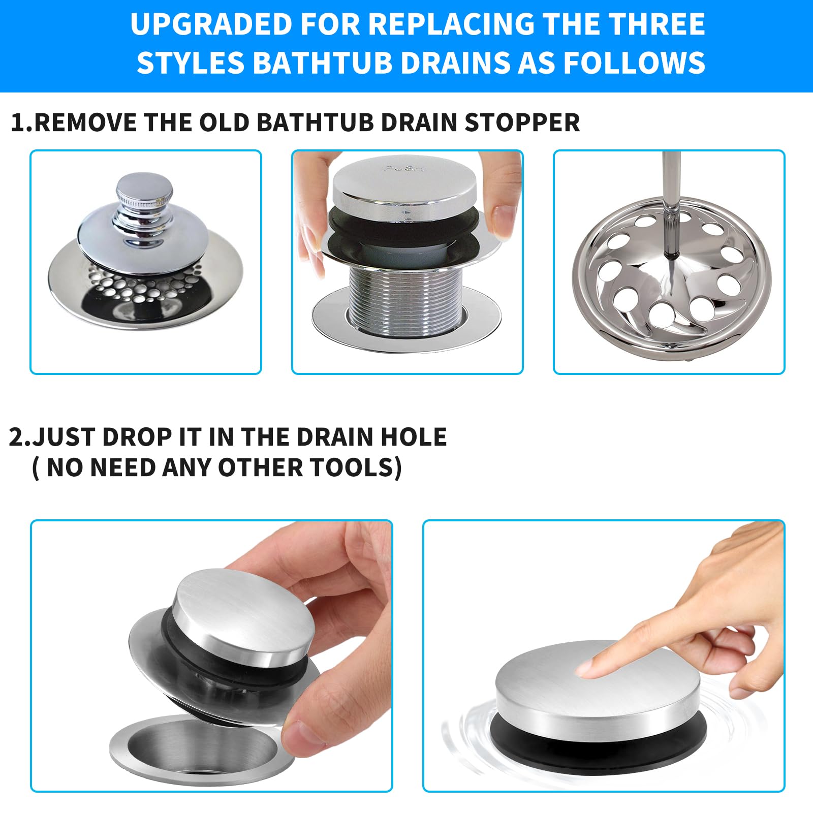 Bathtub Drain Stopper, Uxoz Universal Tub Stopper For Replacing Tip Toe/Trip Lever/Lift&Turn Tub Drain, Bath Tub Drain Stoppers