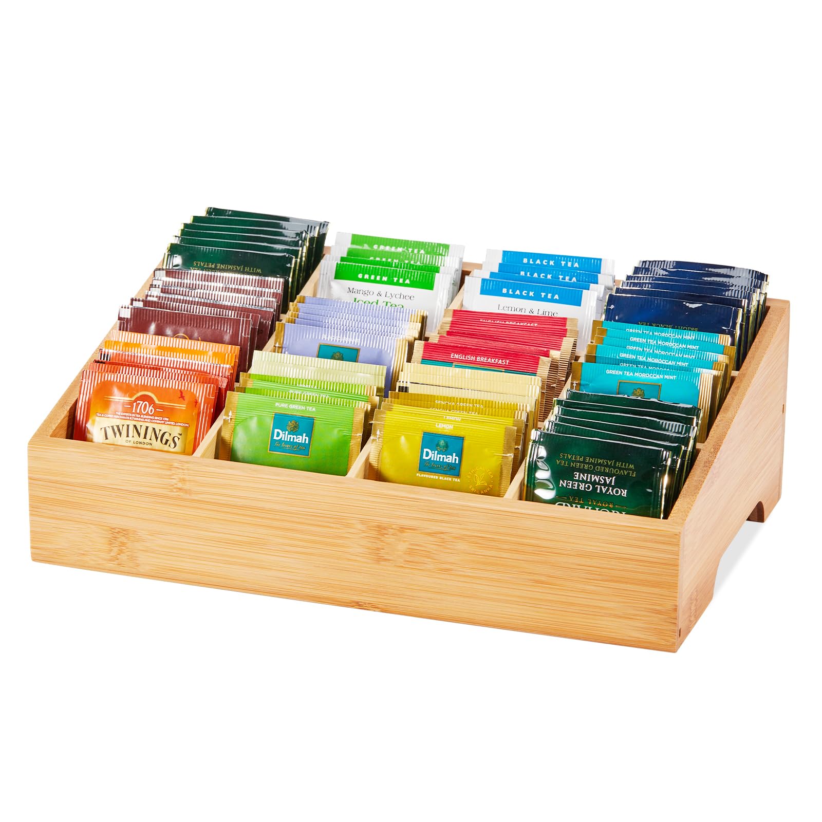 Timieeya Tea Bag Organizer - Bamboo Tea Storage Organizer With 12 Compartments, 1 Layer Tea Organizer For Tea Bags Natural Bambo