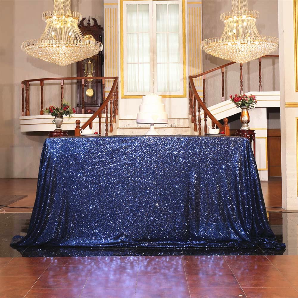 SquarePie Sequin Tablecloth Rectangular 50 x 72 Inch Navy Blue Reflect Lights Bling Sparkly Table Linen for Wedding Party