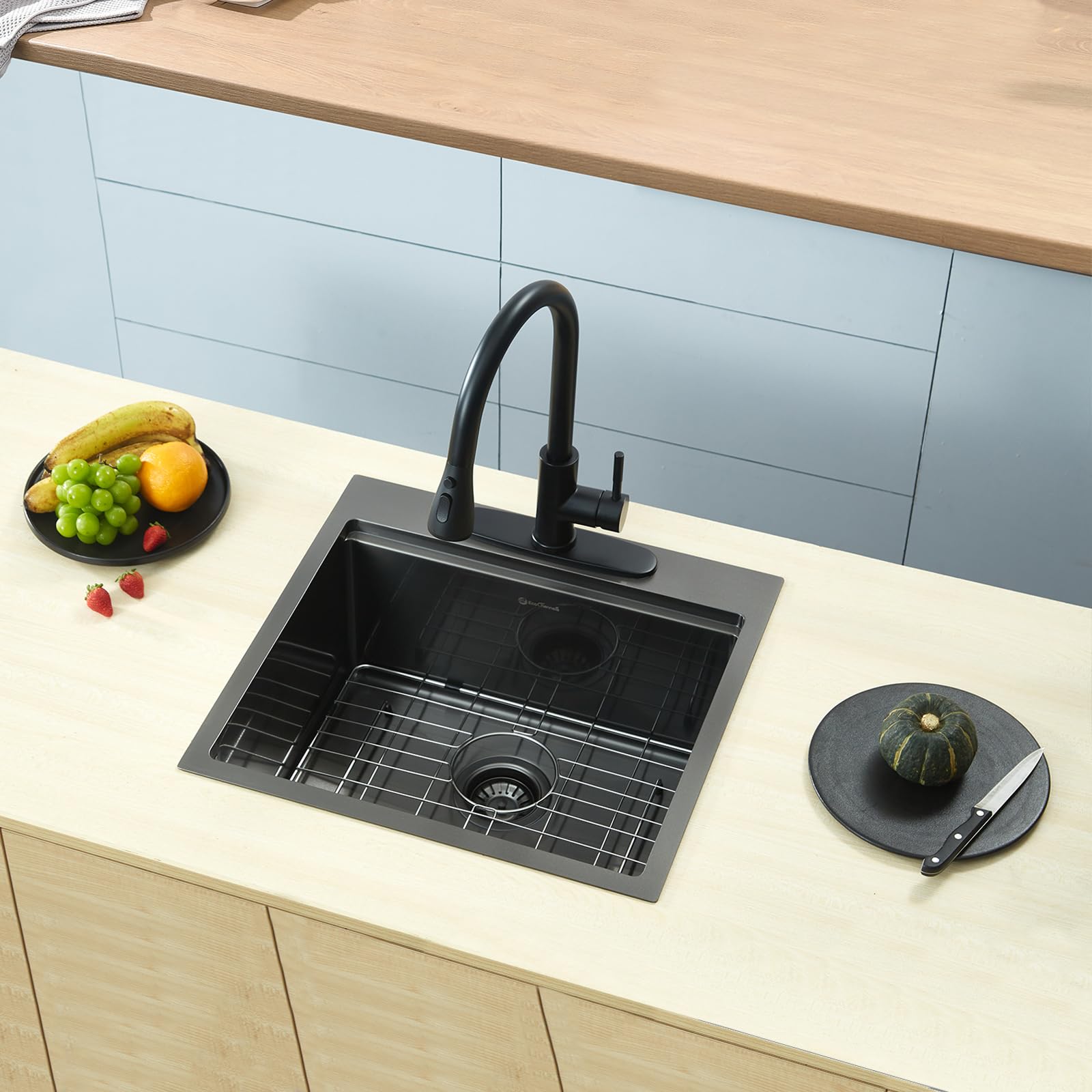 Ecochannels Kitchen Sink, 21 X 20 X 10 Drop In Kitchen Sink 16 Gauge Gunmetal Black Stainless Steel Workstation Sink Topmount Ki