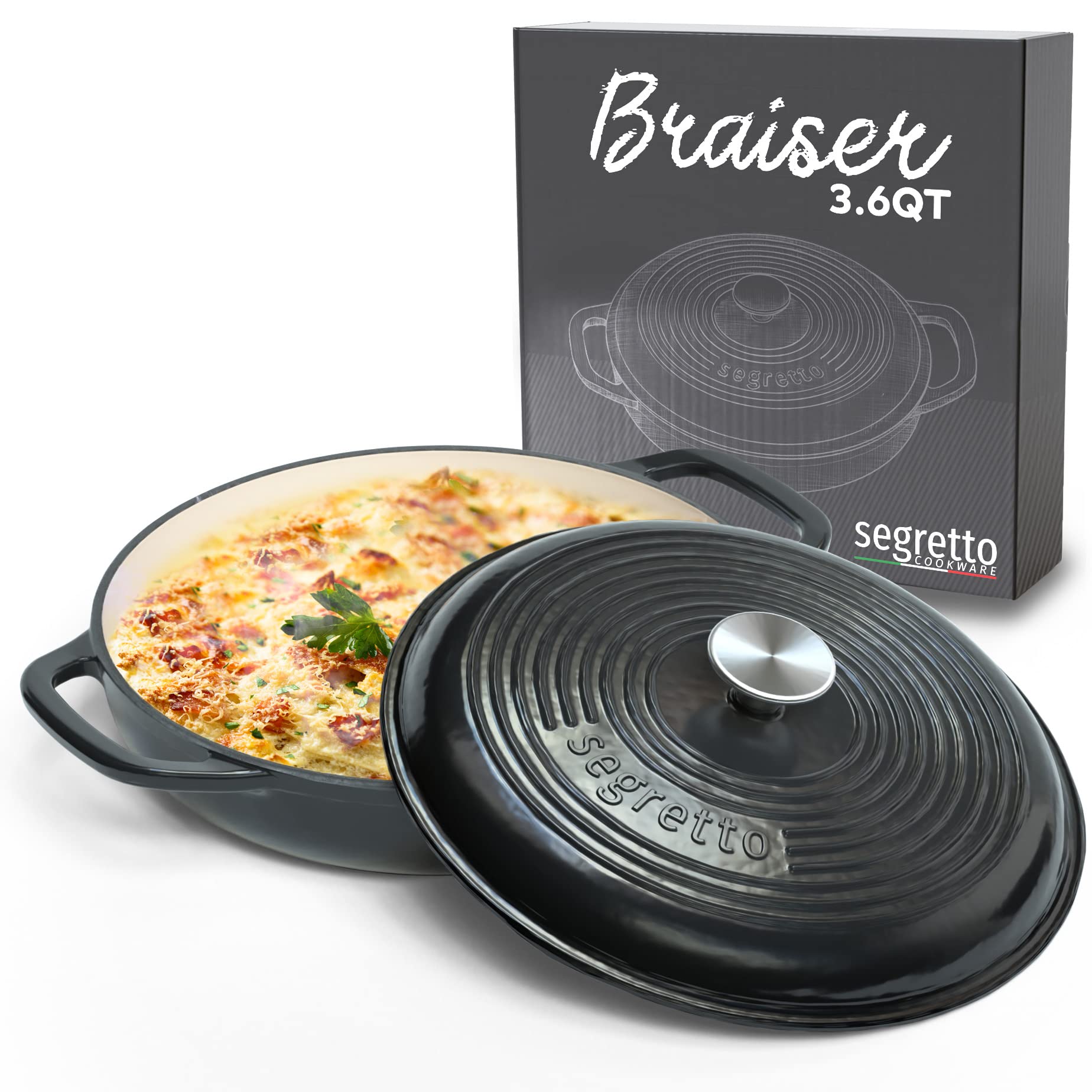 Segretto Cookware Enameled Cast Iron Braiser, 3.6 Quarts, 30Cm, Black