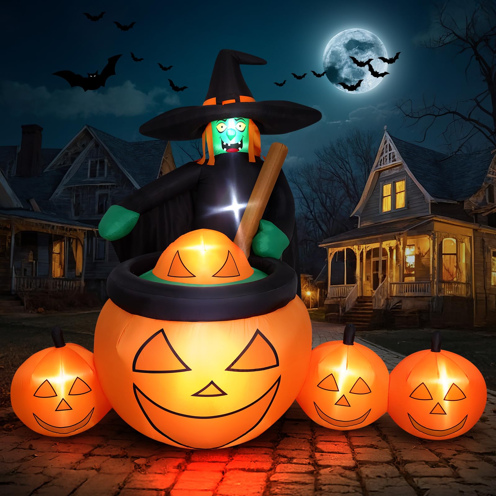 Thuodo 7 FT Tall Halloween Inflatables Witch Pumpkin Pot Outdoor Decorations Blow Up Yard with Built-in LEDs for Lawn Garden Hol