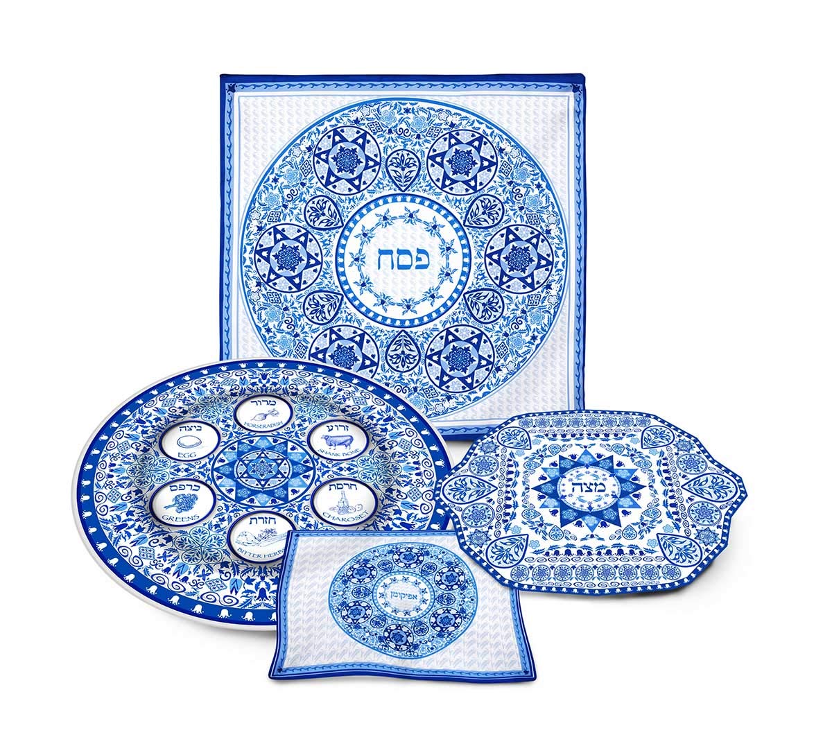 Prestigious Passover Seder Dinnerware Renaissance Set, Includes Round Porcelain Seder Plate, Square Matzo Tray, Silk Matza Cover