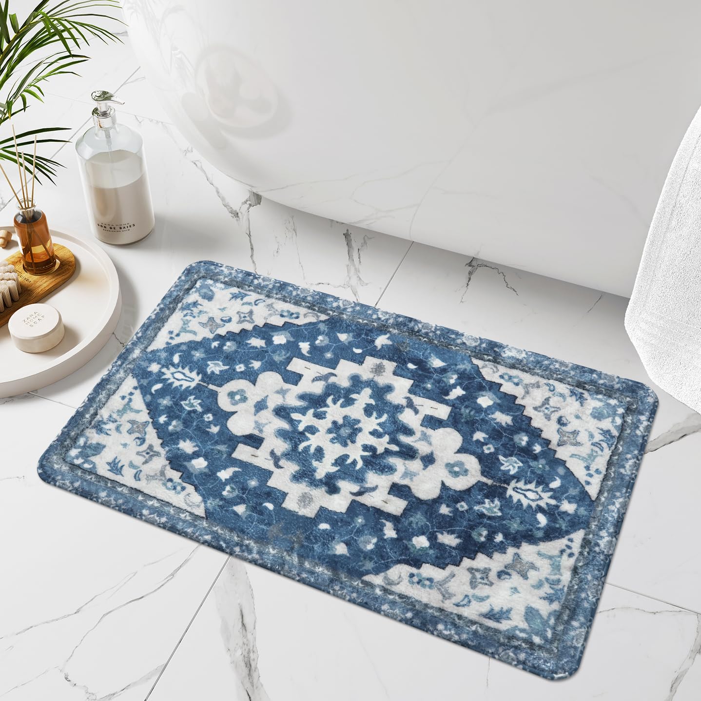 Uphome Boho Bathroom Rugs Blue Vintage Non-Slip Bath Rug Oriental Soft Machine Washable Bathroom Mat Cute Tribal Floral Bath Mat