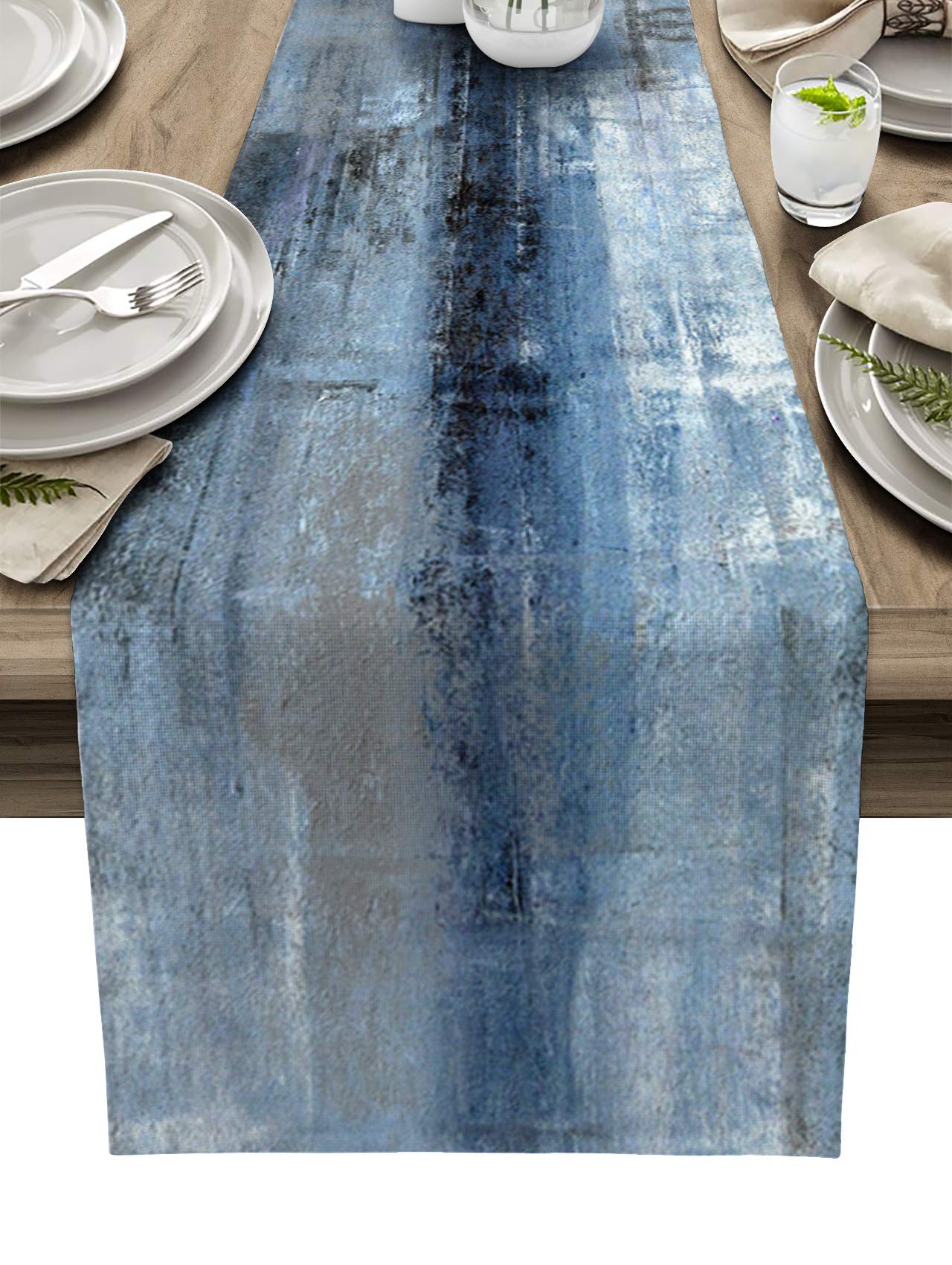 Burlap Linen Table Runner - 90 Inch Long, Retro Rustic Art Abstract Modern Decor Kitchen Dining Table Runner Dresser Scarves, Bl