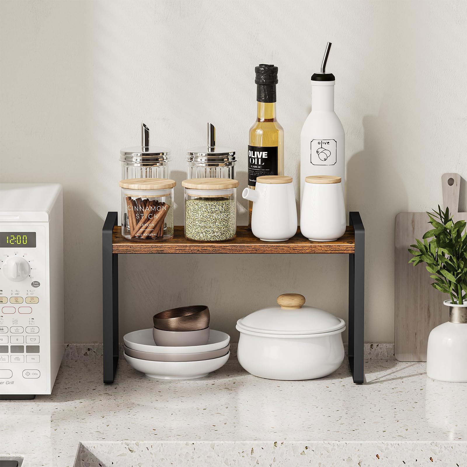 Giikin Countertop Shelf Organizer - Retro Metal Spice Rack, Rustic Brown, 7.8"D x 15.7"W x 9.4"H, Ideal for Kitchen, Pantry, Bathroom