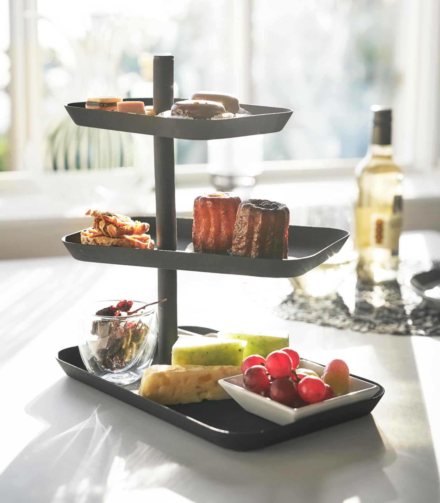 Yamazaki Home 3-Tier Serving Stand - Appetizer Tray Organizer For Party Or Kitchen Steel One Size Black