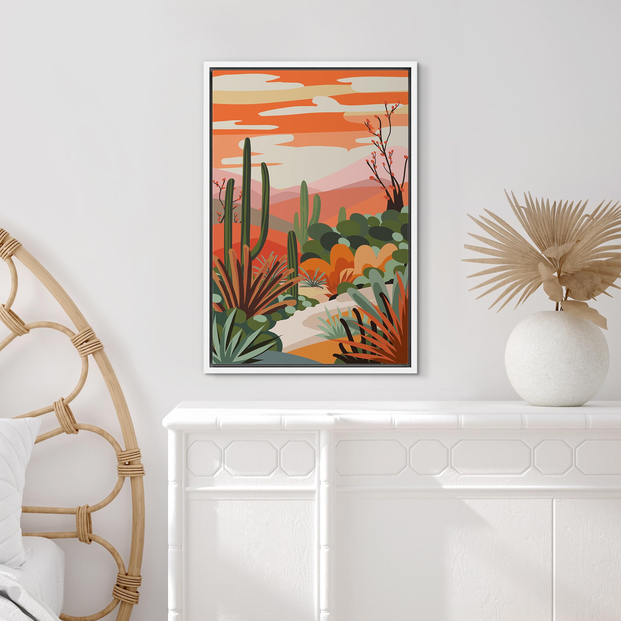 Signford Framed Canvas Print Wall Art Cactus Desert Mountain Range Nature Wilderness Illustrations Modern Art Decorative Rustic