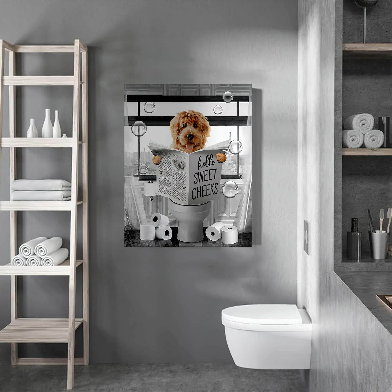 Funny Dog Wall Art Black And White Dog Bathroom Print Farmhouse Bathroom Animals Wall Decor Dog Sitting In Toilet Reading Newspa