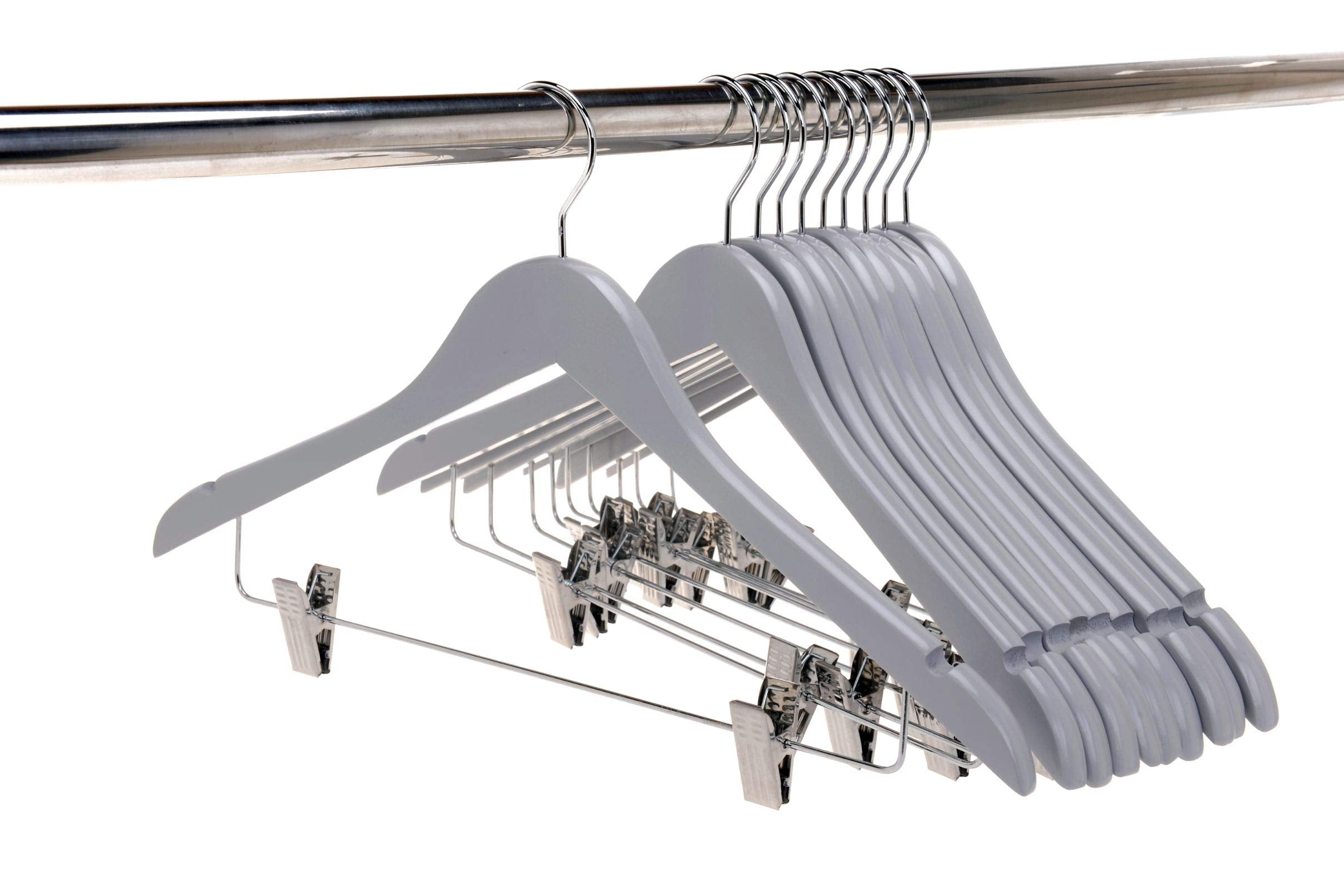 Quality Wooden Semi Curved Skirt Hangers With Clips, 10-Pack Smooth Solid Wood Pants Hangers With Durable Adjustable Metal Clips