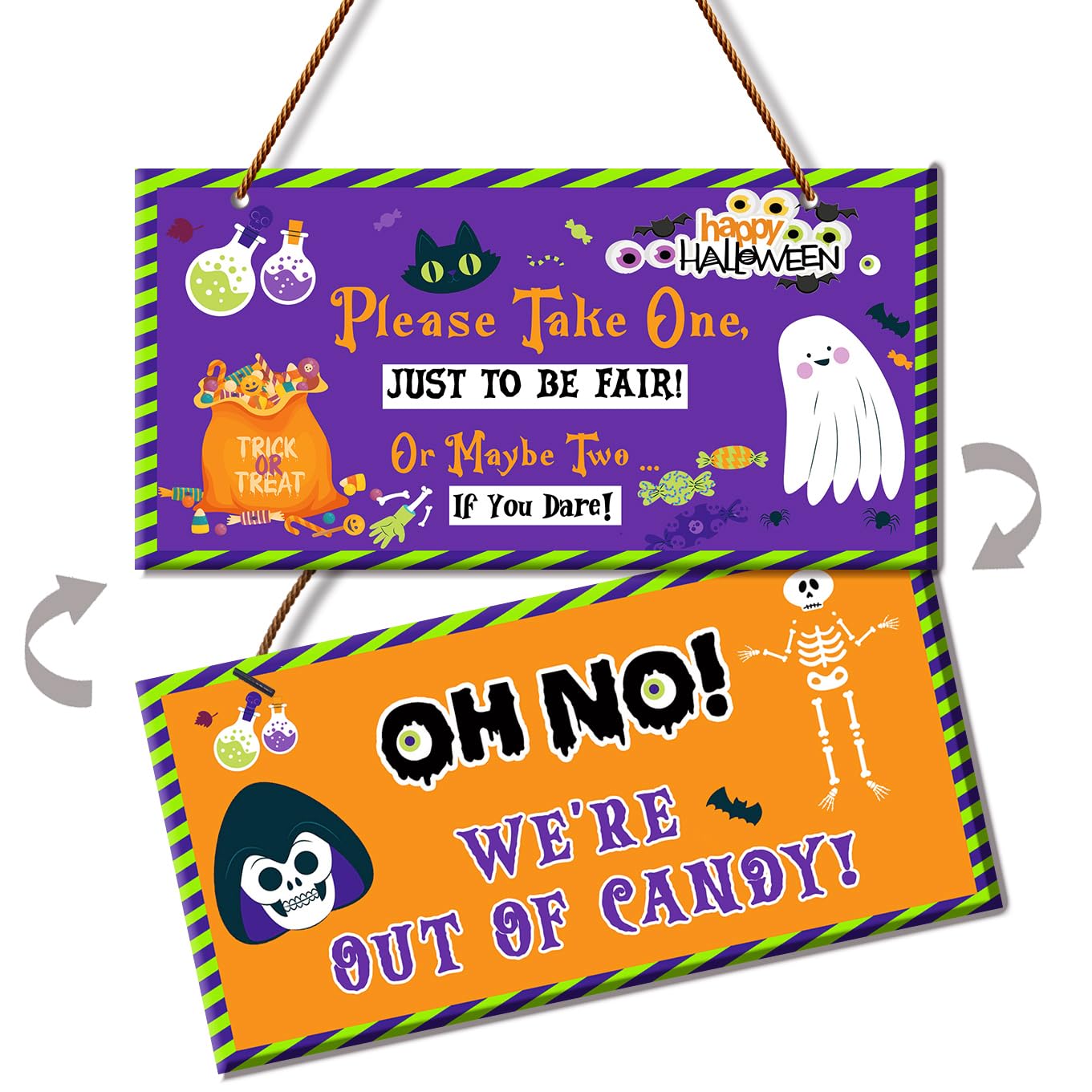 Reversible Halloween Take One/Out of Candy Unattended Candy Bowl Sign, Double-sided Print Durable Hanging PVC Signage for Trick 