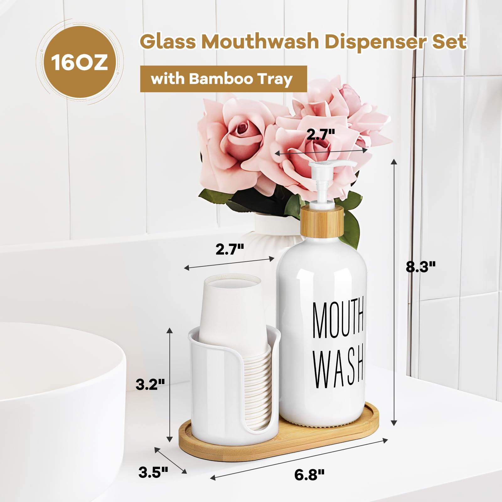 Byaway Glass Mouthwash Dispenser With Cup Holder - 16 Oz Pump Bottle White Mouthwash Container For Bathroom - 14 Mouthwash Cups,